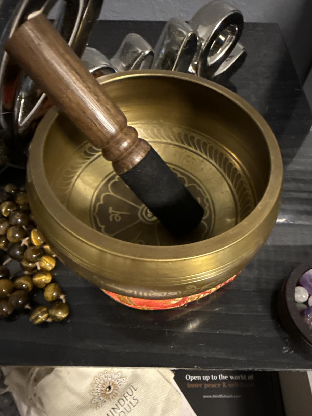 AKLOT HandMade Meditation Singing Bowl: Tibetan Sound Bowl Set with Pure Tone, Sound Bath Bowl with Cushion, Mallet, Carry Bag, Spiritual Gift for Chakra Clearing, Yoga, Prayer, Relaxation (5 Inch) customer photo 1