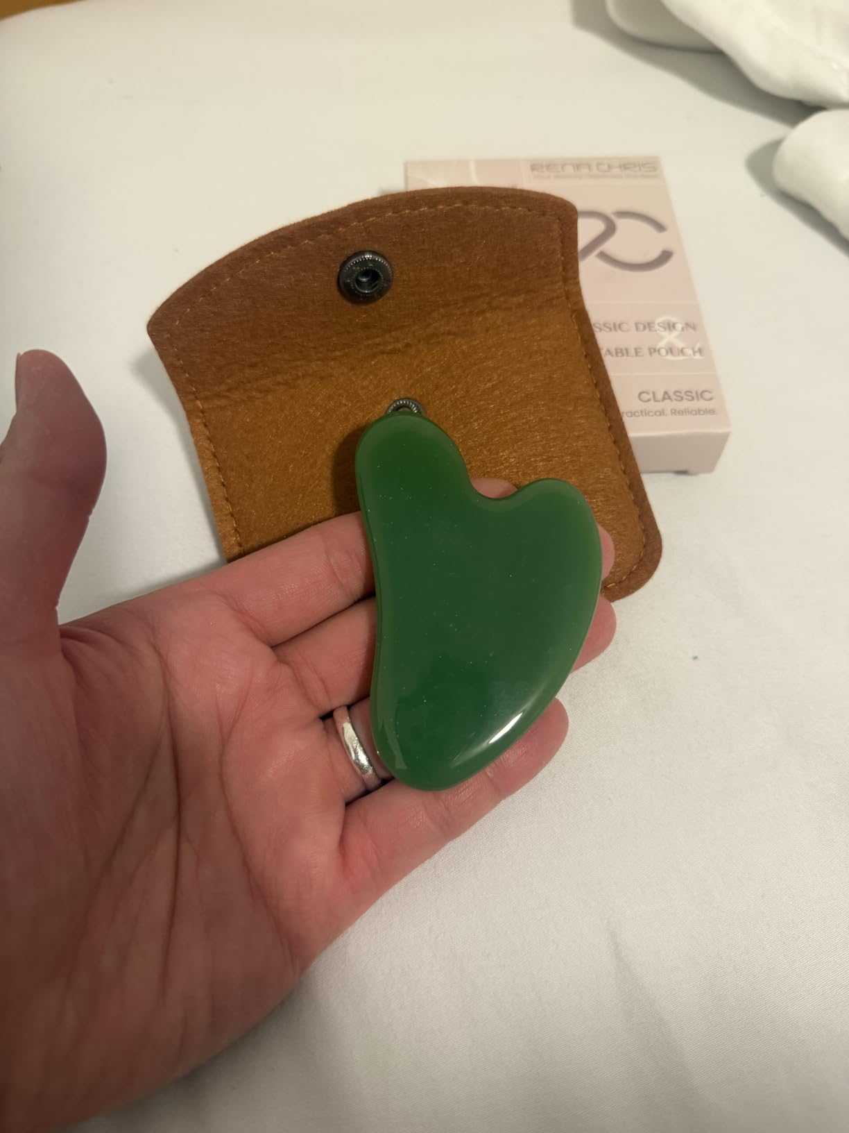 Rena Chris Gua Sha Facial Tools: Jade Stone Guasha Tool for Face Acupuncture Therapy, Facial Massager for Jawline Sculpting and Puffiness Reducing (Green) customer photo 2