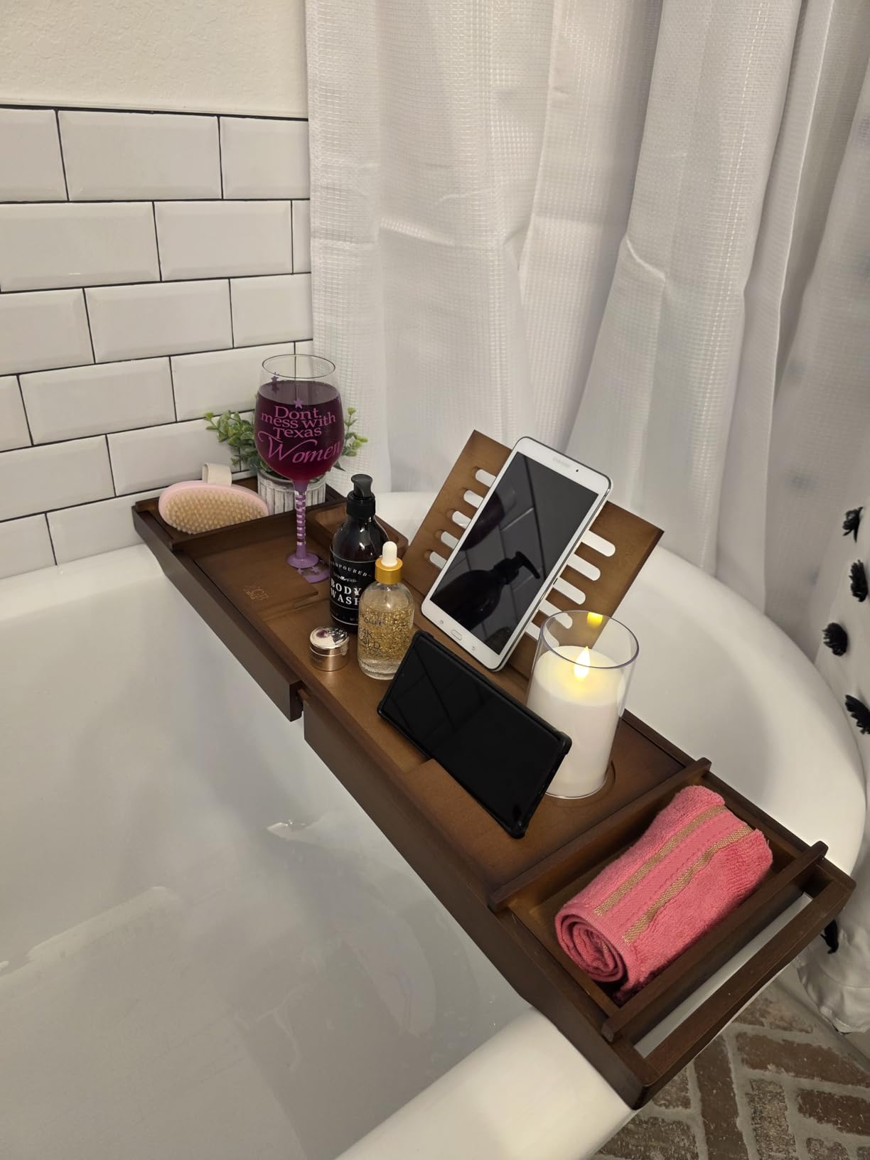 XcE Bamboo Bathtub Caddy Tray - Expandable to 41 Inches with Book Stand, Soap Holder & Anti-Slip Pads for Luxury Bath Spa, Brown customer photo 1