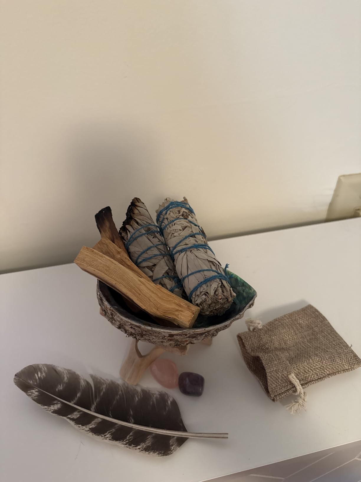 Home Cleansing & Smudging Kit with White Sage, Palo Santo | Smudge Kit with Sage Smudge Sticks, Abalone & Stand, Feather, Includes Guide customer photo 1