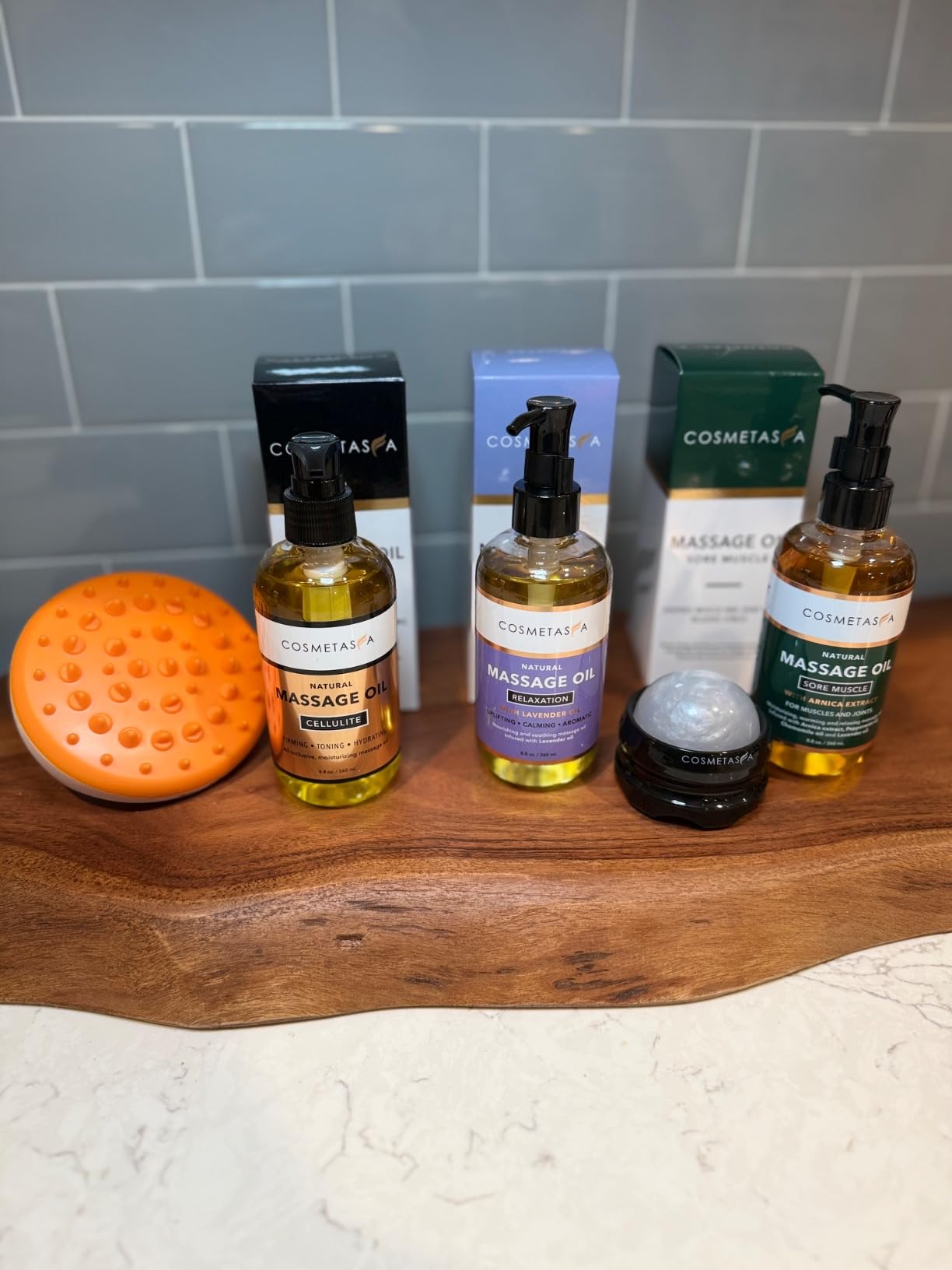 Cosmetasa Body Massage Oil Therapy Kit - Arnica & Lavender Oil for Relaxation and Sore Muscles - Includes Anti-Cellulite Oil, Roller Ball & Mitt for Firming Skin - Spa Gift Set for Women & Men customer photo 2