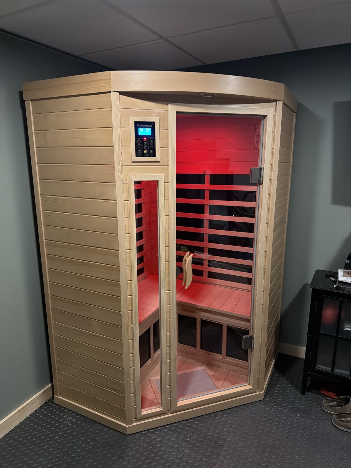 Far Infrared Wooden Sauna Room, 2-3 Person Home Sauna Canadian Hemlock Indoor Corner Sauna Spa, 2 Bluetooth Speakers, 2 LED Reading Lamp, 3 Chromotherapy Lights customer photo 2