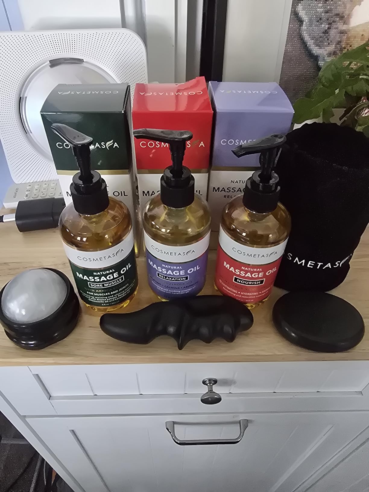 Cosmetasa Massage Oil Spa Gift Set for Women - Relaxing Lavender, Warming Arnica & Nourishing Citrus & Coconut Oils - Includes Roller Ball, Thumb Saver & Hot Stones - Self Care Kit & Body Massage Oils customer photo 1