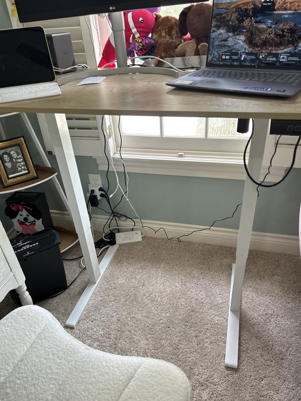 Cubiker Standing Desk, 48x24 Inches Sit Stand Home Office Desk, Electric Stand up Desk, Adjustable Desk with Splice Board, White Frame/Maple Top customer photo 1