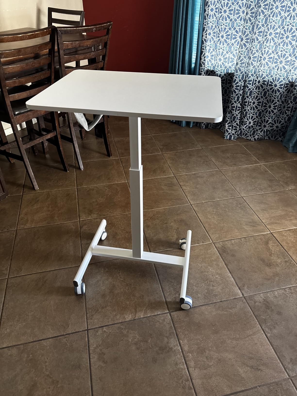 DUMOS Small Standing Desk Mobile Portable Rolling Laptop PC Table on Wheels Adjustable Height Computer Workstation for Home Office Small Space, 19 Inch, Brown customer photo 2