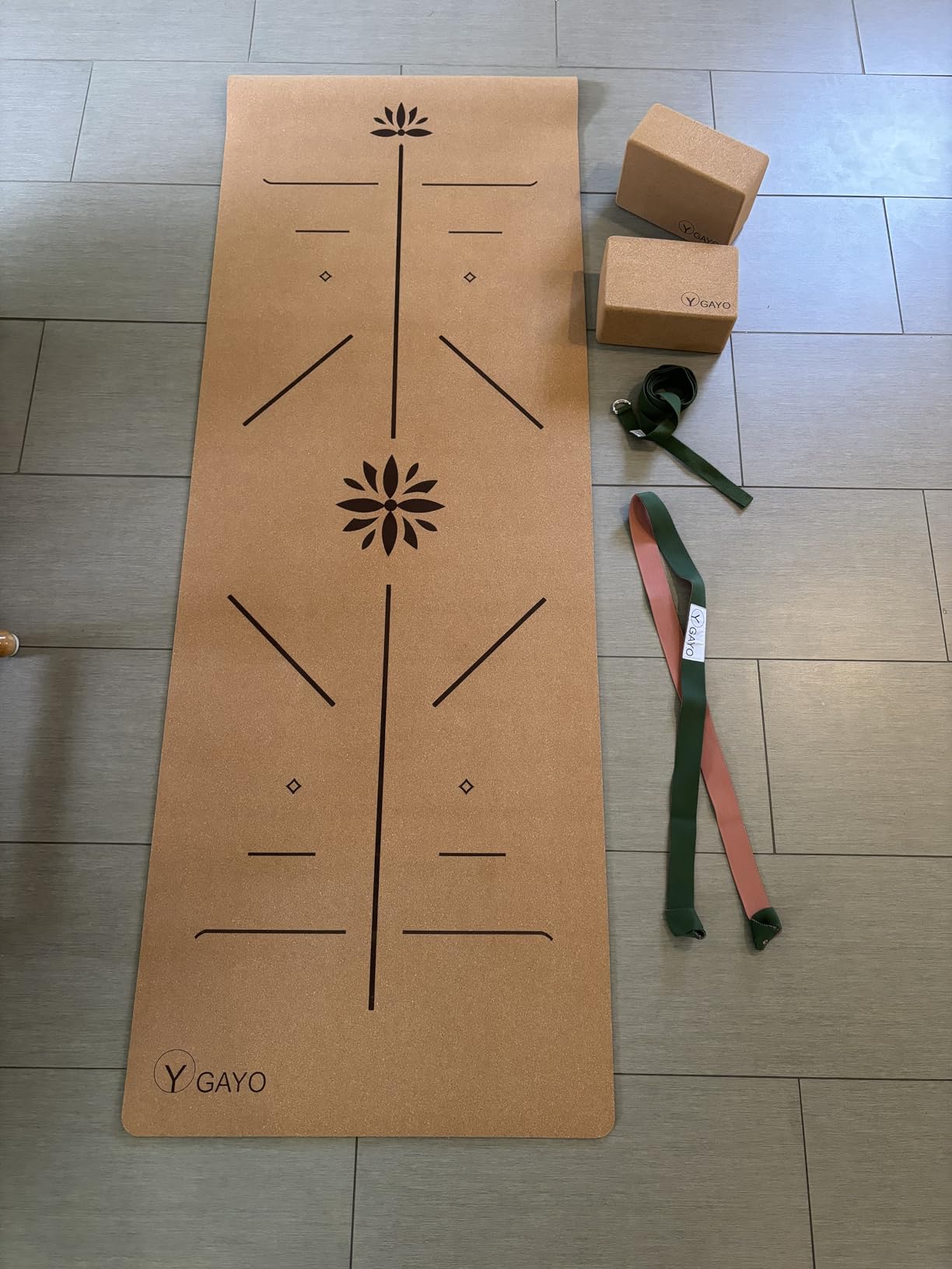 Y O Gayo Premium Cork All-in-One Yoga Essentials Kit - Large Cork Yoga Mat 5mm and Blocks Set with Carry Strap and Alignment lines, 10ft Stretch Strap, Your Ultimate Yoga Starter Set customer photo 1