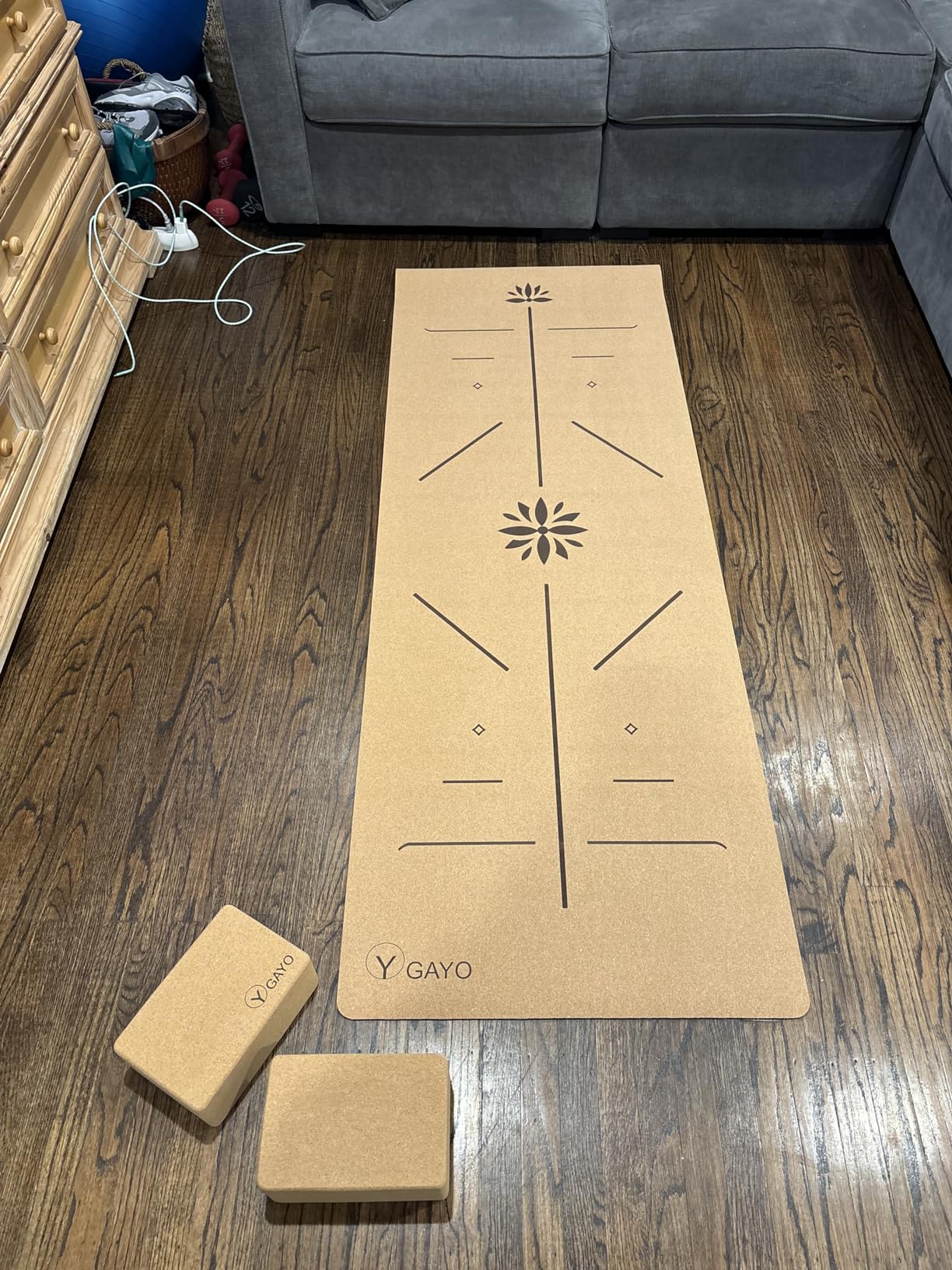 Y O Gayo Premium Cork All-in-One Yoga Essentials Kit - Large Cork Yoga Mat 5mm and Blocks Set with Carry Strap and Alignment lines, 10ft Stretch Strap, Your Ultimate Yoga Starter Set customer photo 2