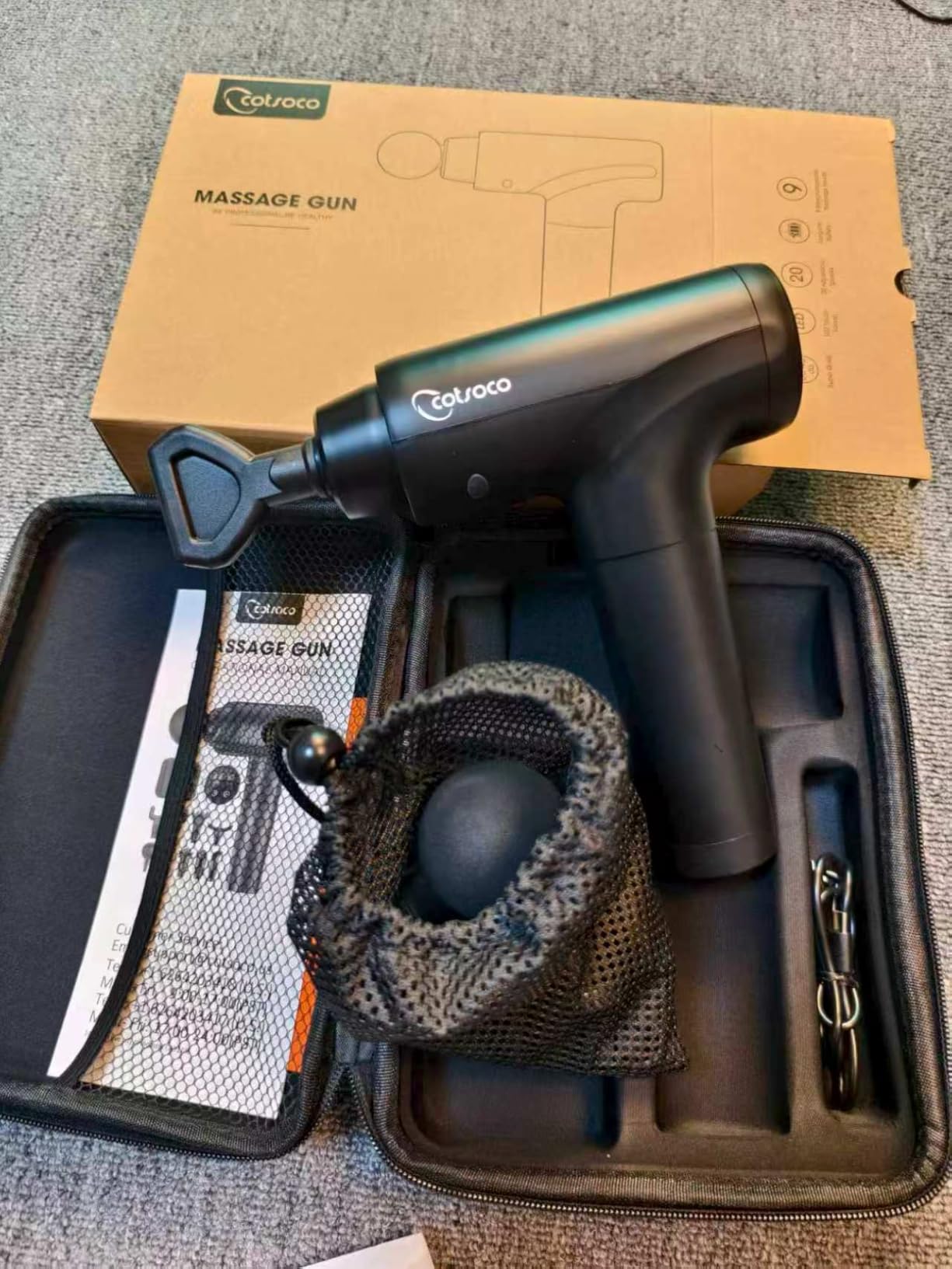 cotsoco Massage Gun Deep Tissue, Muscle Massage Gun with 9 Attachment Heads 20 Speeds & Silent Brushless Motor for Pain Relief, Handheld Percussion Back Massager Gun, Fathers Day Dad Gifts(Black) customer photo 2