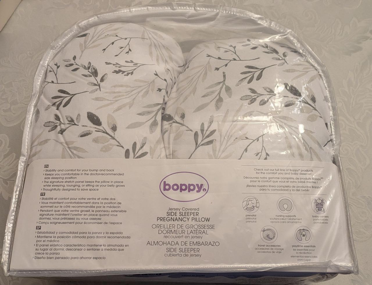 Boppy Side Sleeper Pregnancy Pillow, Gray Falling Leaves, Portable, Supportive Pregnancy Pillows for Sleeping on Your Side, Stay-Put Design with Stretchy Center Panel That Grows with Your Bump customer photo 2