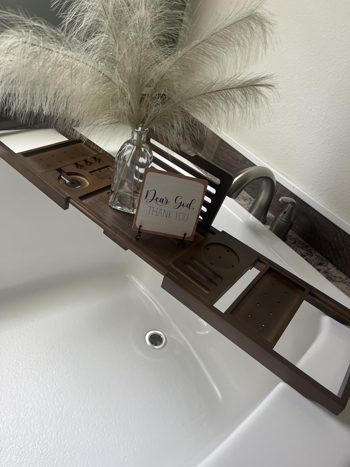 Teak Bathtub Tray | Adjustable Width Tray with Wine Holder, Tablet/Phone & Book Stand, Splash-Proof for Bath Time- Natural customer photo 1