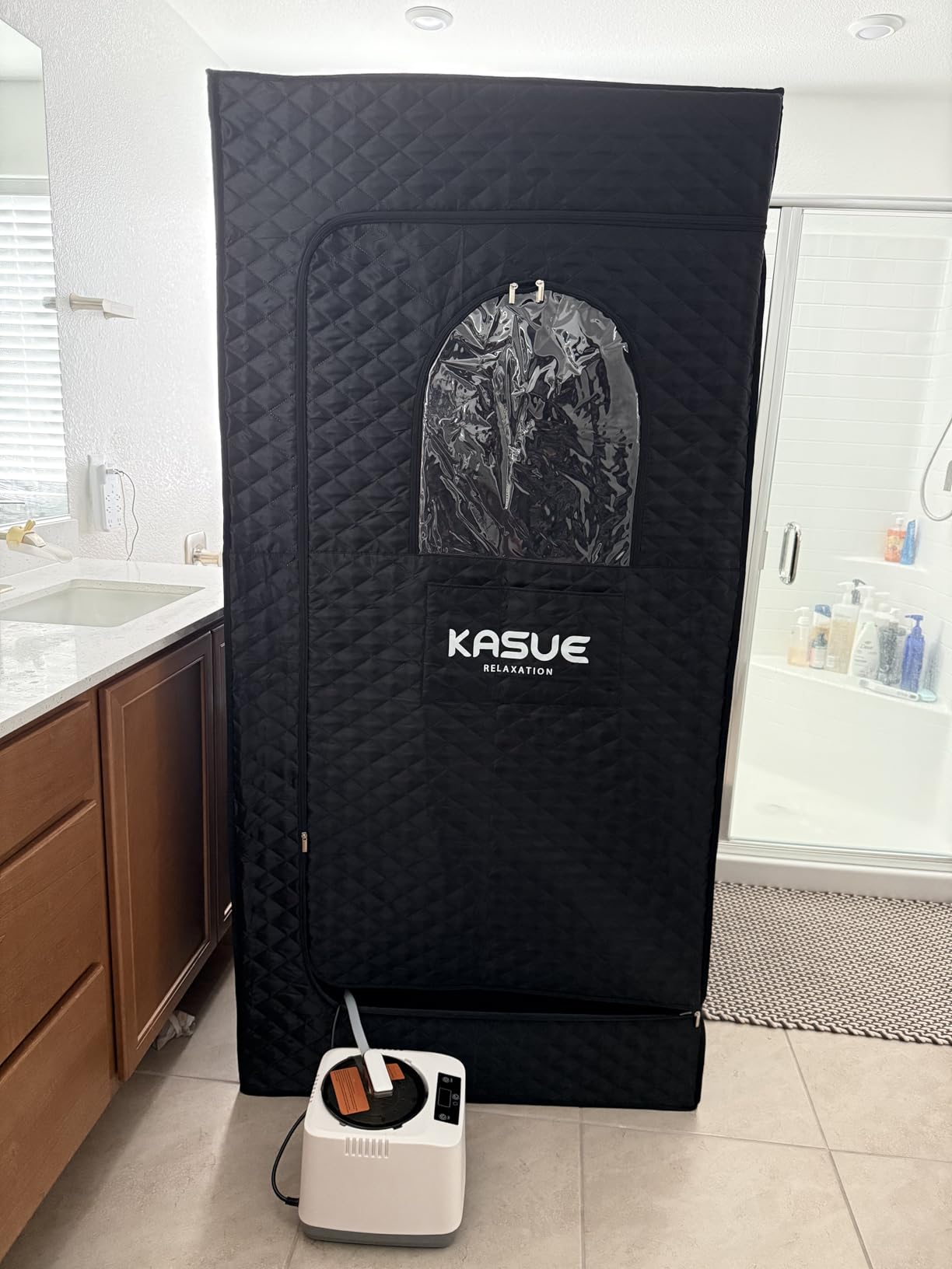 KASUE Portable Steam Sauna Tent for Home, Infrared Sauna with 3L Steamer, 9 Temp Levels & 99 Min Timer, 5-Layer Waterproof Insulated, Folding Chair Included, Indoor Spa (Light Black) customer photo 1