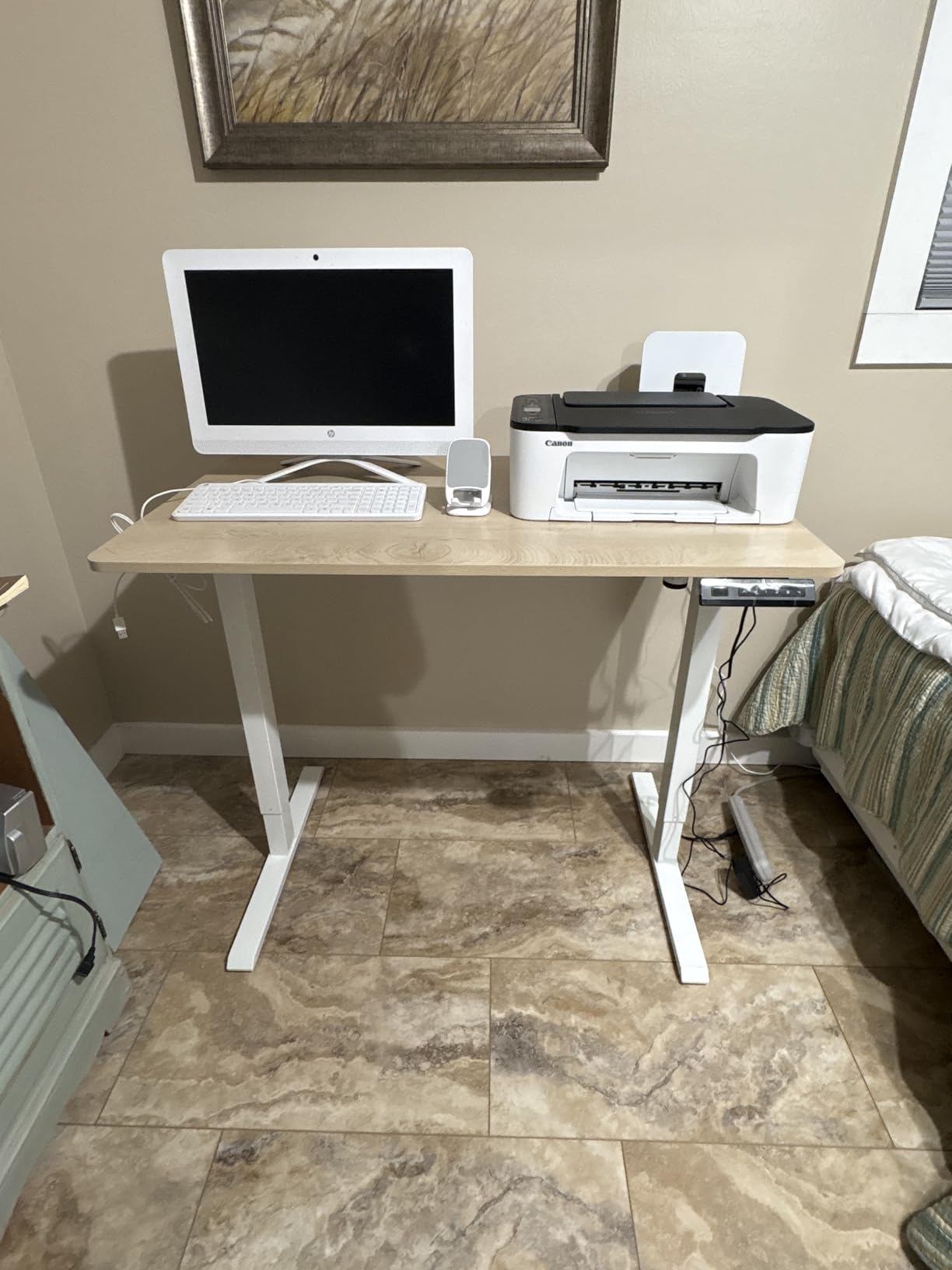 CubiCubi 32 x 20 Small One-Piece Standing Desk, Adjustable Height Electric Computer Sit Stand up Home Office Workstation, with 4 Memory Presets, Headphone Hook, Maple customer photo 1