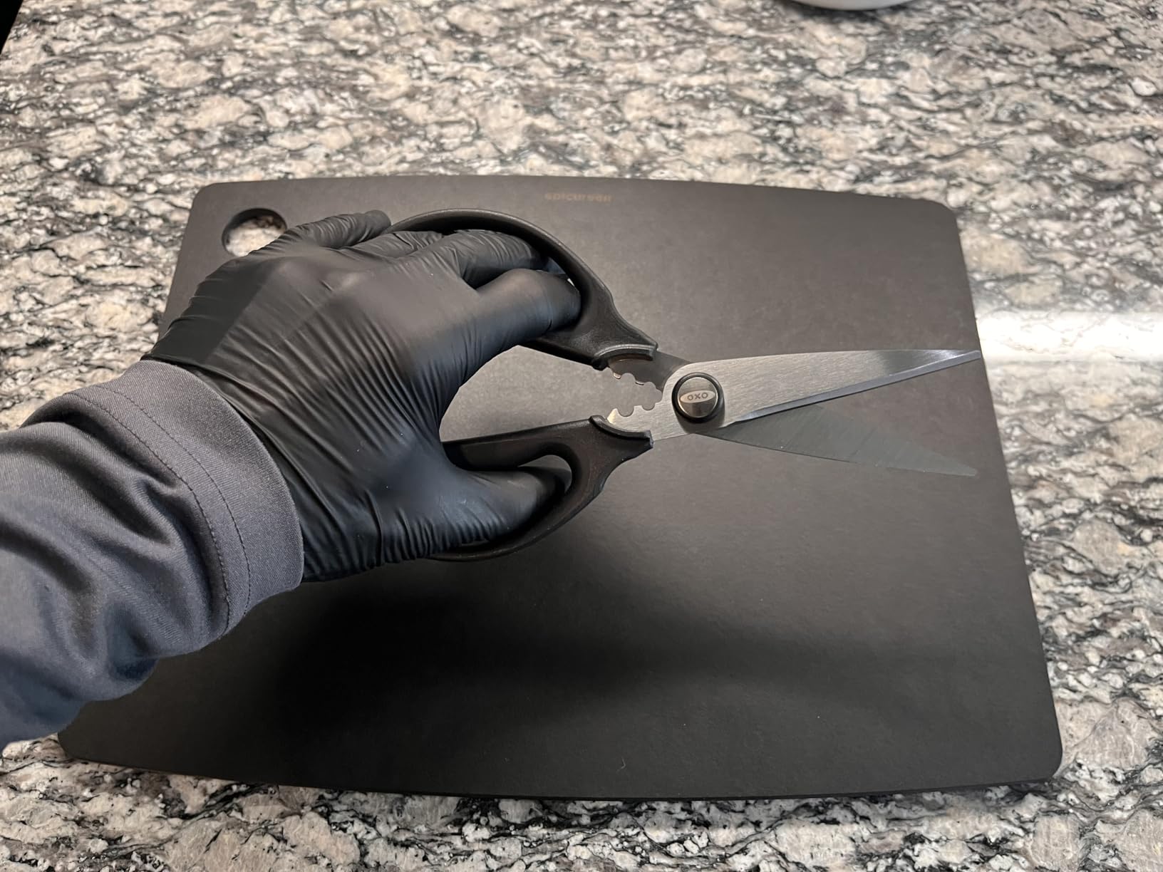 OXO Good Grips Multi-Purpose Kitchen and Herbs Scissors | Stainless design slices through cardboard, twine, meat, vegetables and more customer photo 1