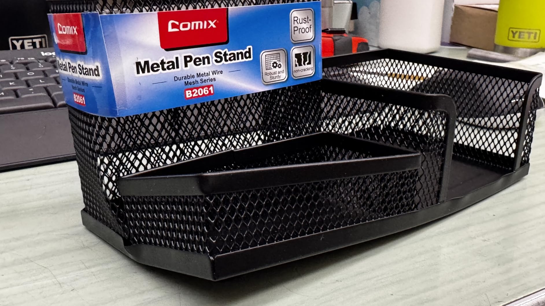 Comix Mesh Pen Pencil Holder Desk Organizer, 3 Compartment Wire Desktop Pen Pencil Cup Caddy Office Supplies Sticky Notes Holder for Home Office School, Black customer photo 2