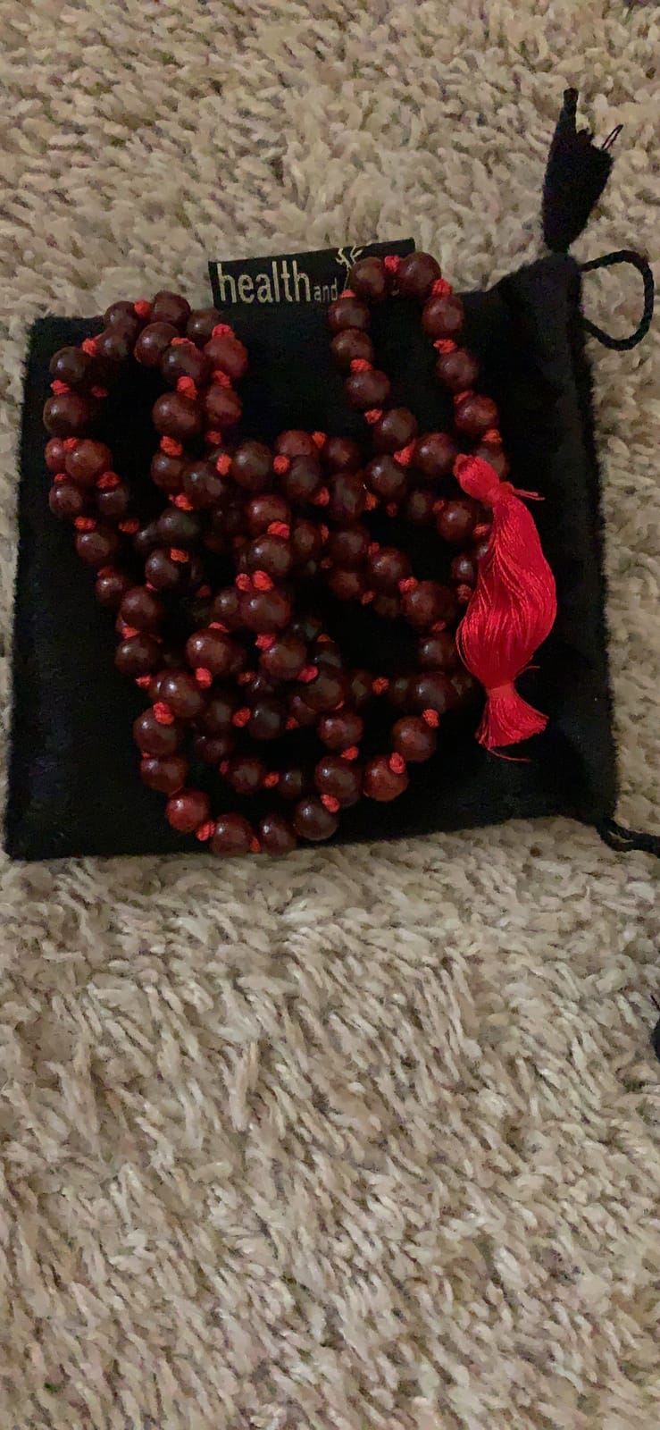 HealthAndYoga Rose Wood Mala (108 + 1 Beads with Tassel) & Velvet Bag - Hand Knotted Rosary for Mantra Chanting, Meditation - Invokes Vitality & Courage, Improves Skin Health, Influences Heart Chakra customer photo 1
