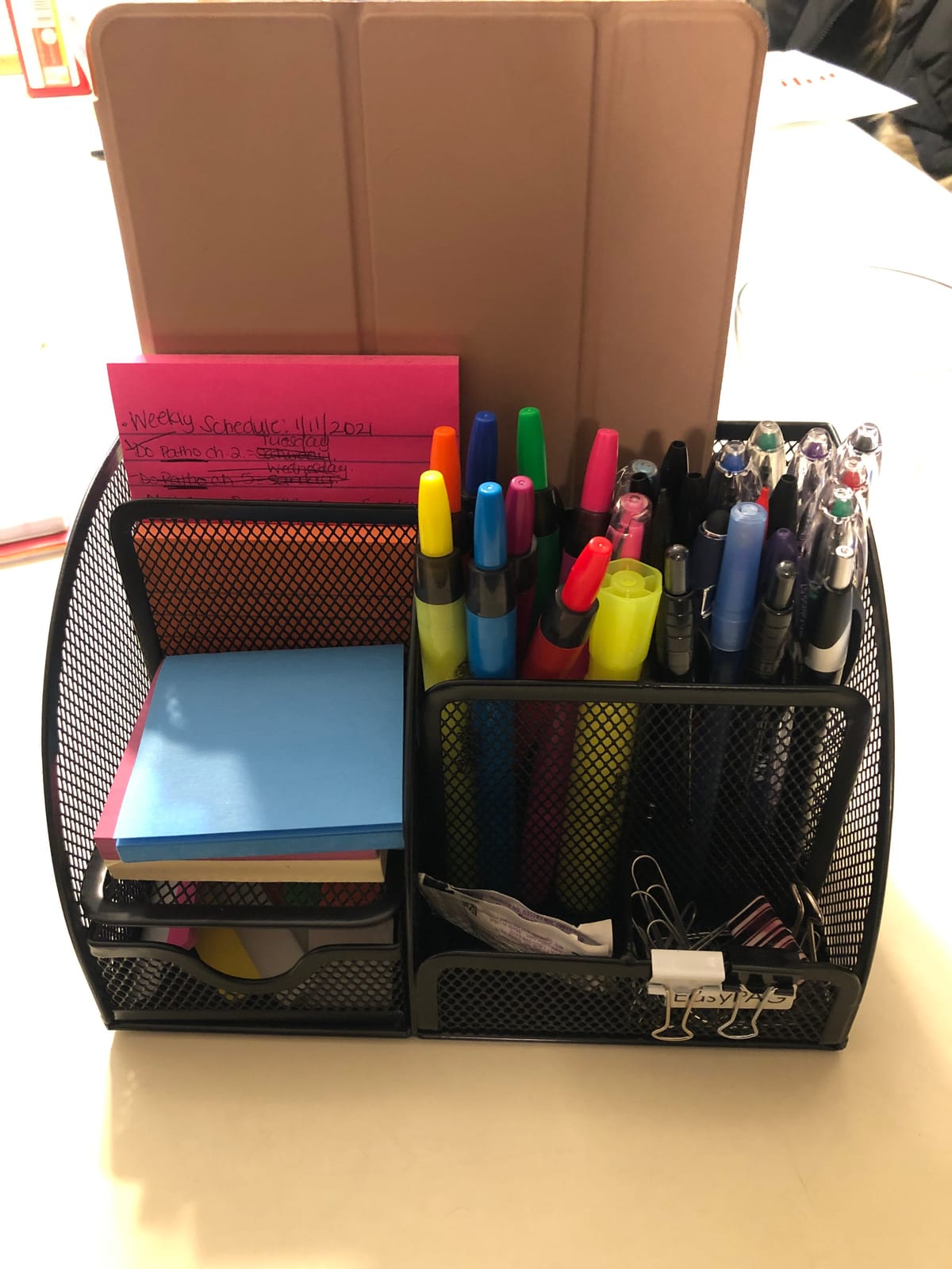 EasyPAG Mesh Desk Organizer with Drawer Multi-functional Pen Holder Stationery Organizer for Office School Supplies 6 Compartments Dorm Organizers and Storage for Desk, Black customer photo 2