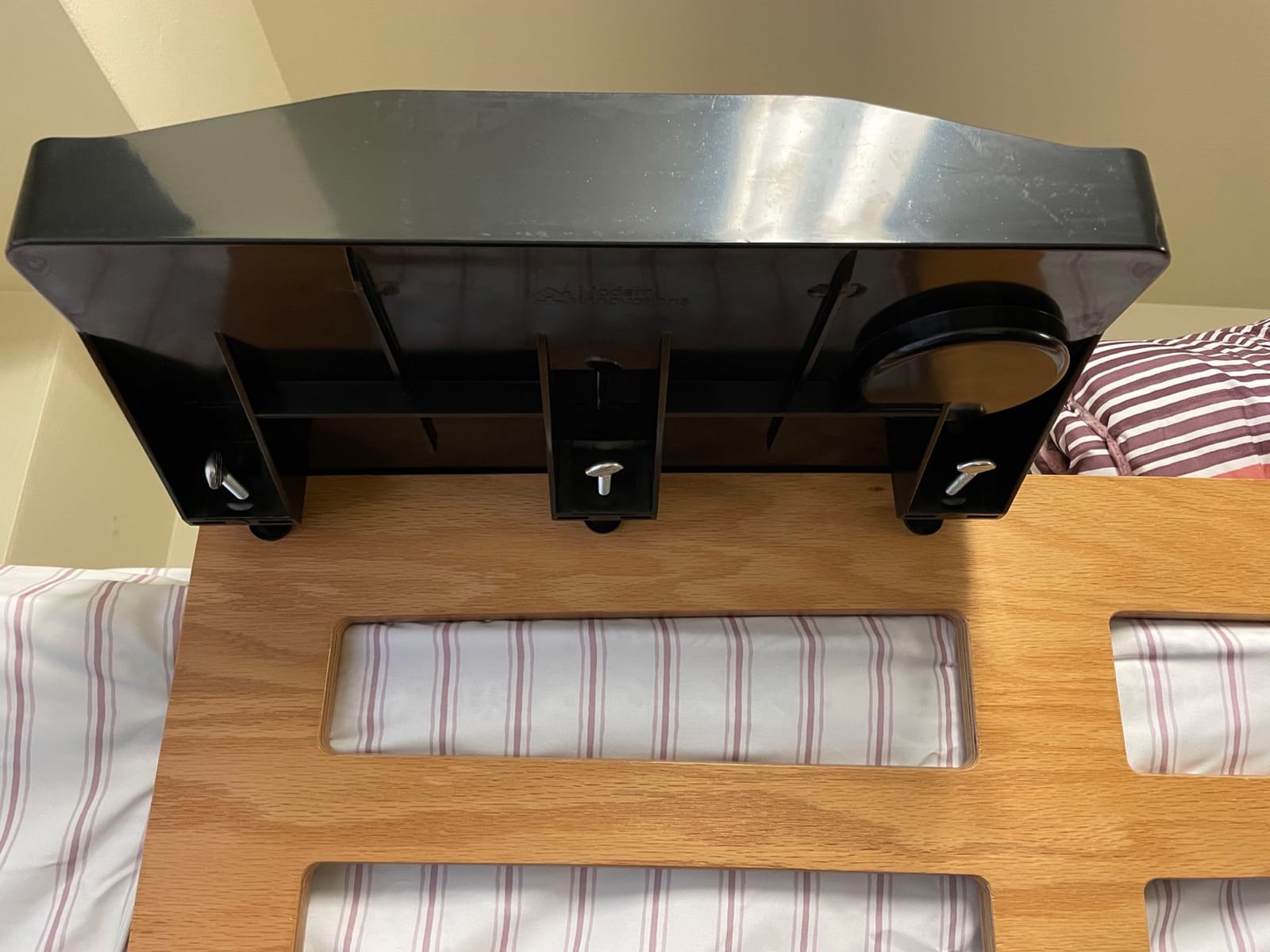 Modern Innovations Bedside Shelf for Bed, College Dorm Room, Bunk Bed Shelf/Caddy for Top Bunk, Clip On Nightstand Tray with Cord and Cup Holder for Table Storage (Black) customer photo 1