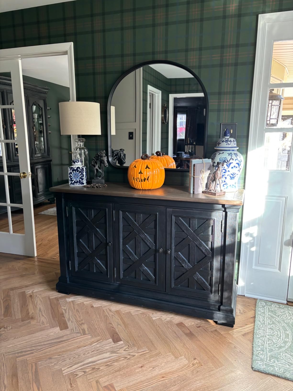 Signature Design by Ashley Farmhouse Sideboard Buffet Cabinet, Black/Gray | Textured wood, engineered wood and veneers with adjustable shelves, Farmhouse coffee bar use, Tyler Creek Series customer photo 1