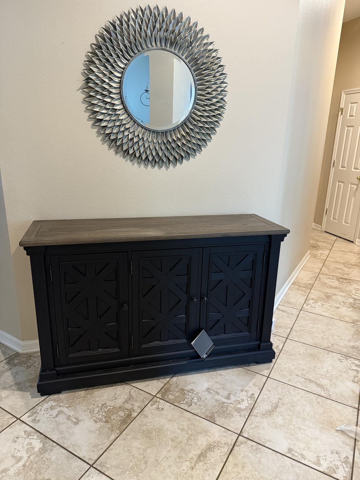 Signature Design by Ashley Farmhouse Sideboard Buffet Cabinet, Black/Gray | Textured wood, engineered wood and veneers with adjustable shelves, Farmhouse coffee bar use, Tyler Creek Series customer photo 2