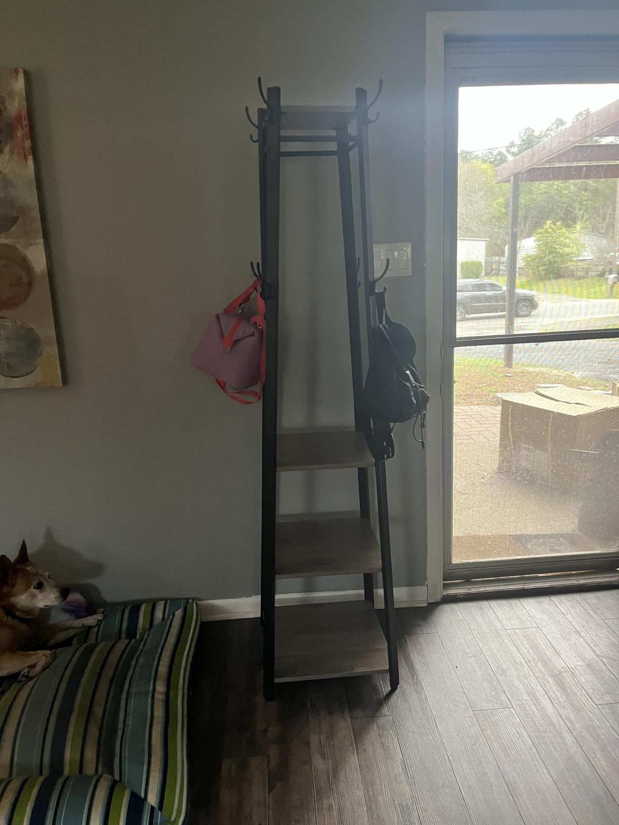 VASAGLE Coat Rack, Coat Stand with 3 Shelves, Hall Tree Free Standing with Hooks for Scarves, Bags, Umbrellas, Steel Frame, Industrial Style, for Entryway, Living Room, Rustic Brown and Black ULCR80X customer photo 2