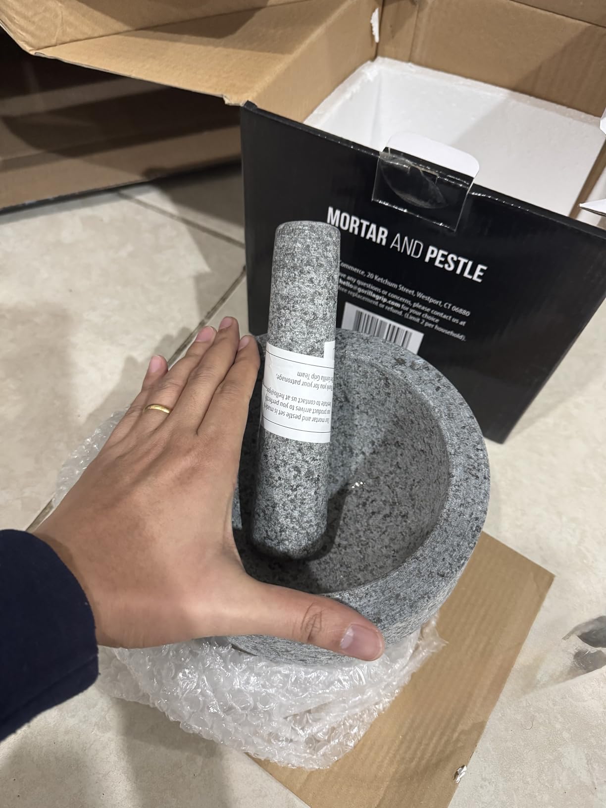 GORILLA GRIP 100% Natural Granite Stone Mortar and Pestle Set, Non-Scratch Base, Heavy Duty Unpolished Molcajete Guacamole Salsa Bowl, Grind Seeds, Herbs, Pills, Kitchen Lab Muddler, 1.5 Cup Gray customer photo 2