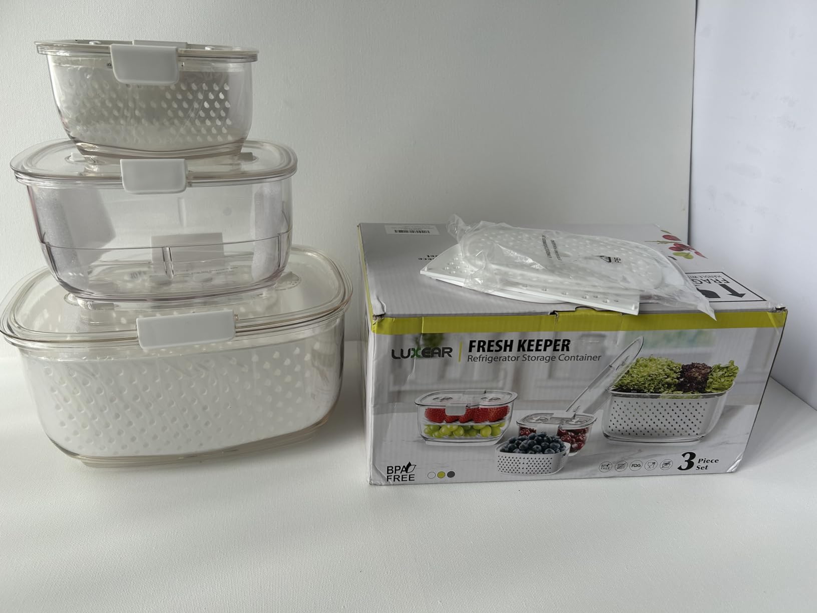 LUXEAR Fresh Produce Vegetable Fruit Storage Containers 3Piece Set, BPA-free Fridge Storage Container, Partitioned Salad Container, Fridge Organizers, Used in Storing Fruits Vegetables, Green customer photo 2