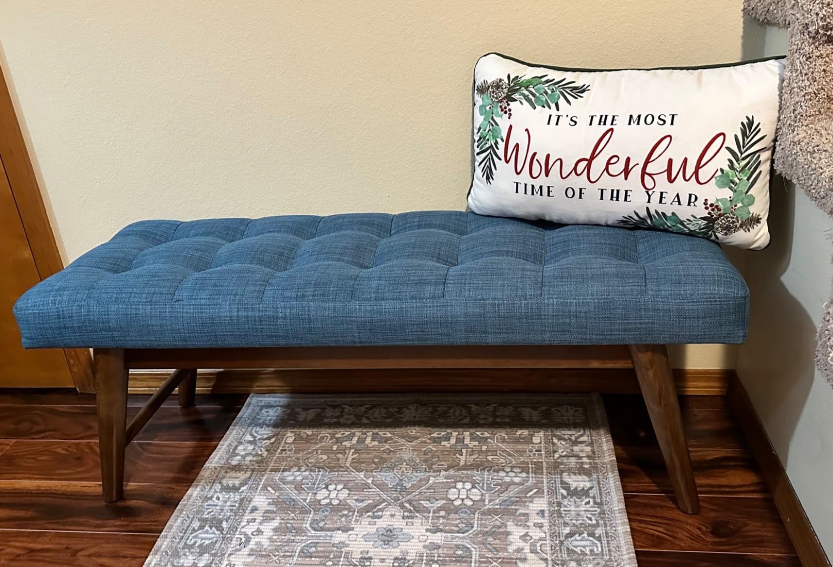 Amazon Basics Modern Haraden Upholstered Button-Tufted Bench, Blue, 16 x 44 x 17 in customer photo 1