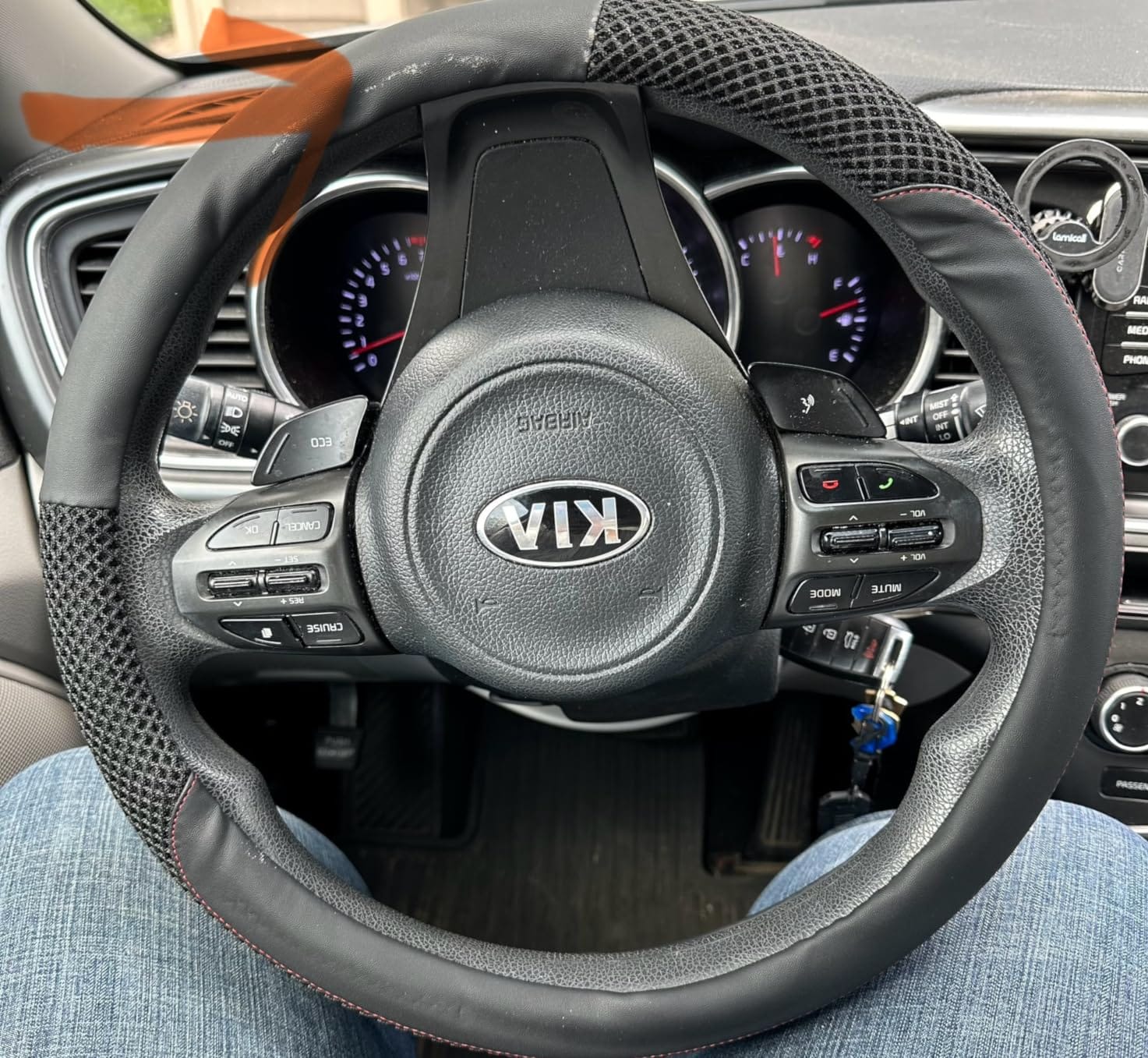KAFEEK 15 inch Steering Wheel Cover, Cooling Ice Silk Mesh with Microfiber Leather, Ultra Breathable, Anti Slip Car Grip, Heat Resistant Summer Cool, Universal Fit, Black customer photo 2