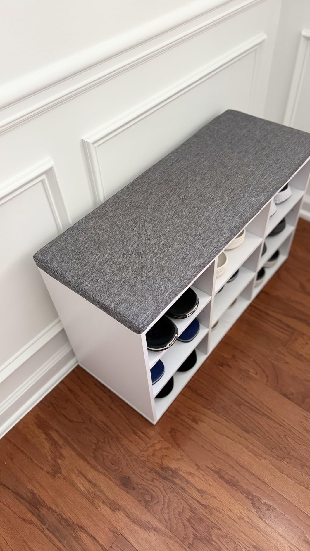 VASAGLE CUSTOS Collection - Shoe Bench, Storage Bench with Padded Seat, Entryway Bench with 15 Compartments, for Bedroom, 11.8 x 41.3 x 18.9 Inches, Cloud White and Dove Gray ULHS15WT customer photo 2