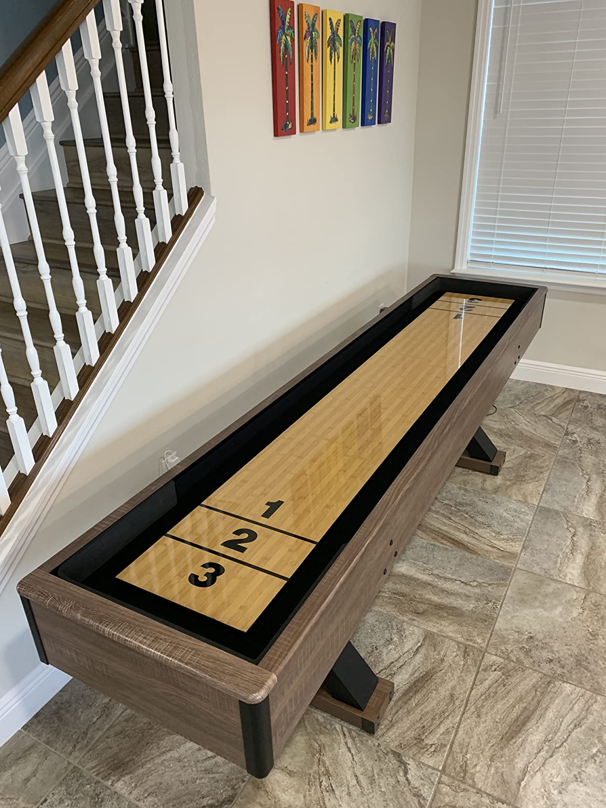 Hathaway Excalibur 9-Ft Shuffleboard Table for Great for Family Recreation Game Rooms, Designed with a Rustic Driftwood Finish with Built-In Leg Levelers, Includes 8 Pucks, Table Brush and Wax | Poly-coated playfield, X-pattern base, 8 weighted pucks, dual abacus scorers, brush, wax, driftwood finish, for 2-4 players customer photo 2