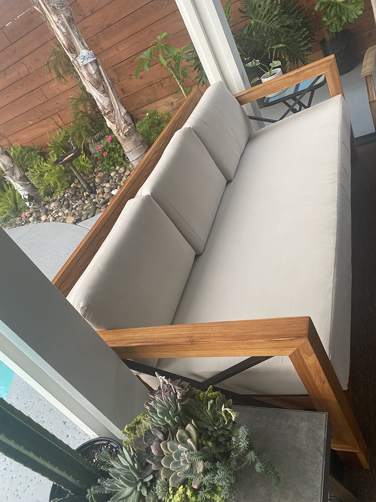 SAFAVIEH Couture Outdoor - Andros Sofa - Brown & Beige - Brazilian Teak Wood - Slatted Design with Removable Cushions - Ideal for Patio, Deck, Porch, Backyard, 16