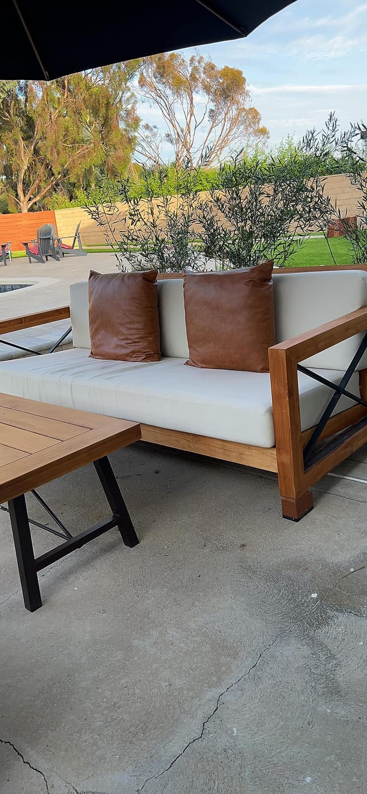 SAFAVIEH Couture Outdoor - Andros Sofa - Brown & Beige - Brazilian Teak Wood - Slatted Design with Removable Cushions - Ideal for Patio, Deck, Porch, Backyard, 16