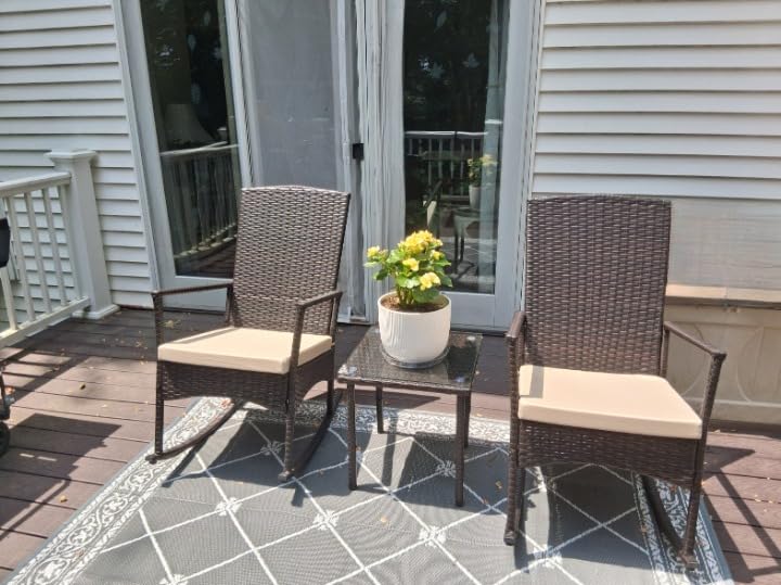 Outdoor HDPE Wicker Rocking Chair 3-Piece Patio Rattan Bistro Set 2 Rocker Armchair and Glass Coffee Side Table Furniture Washable Lacing Cushions, Khaki customer photo 1