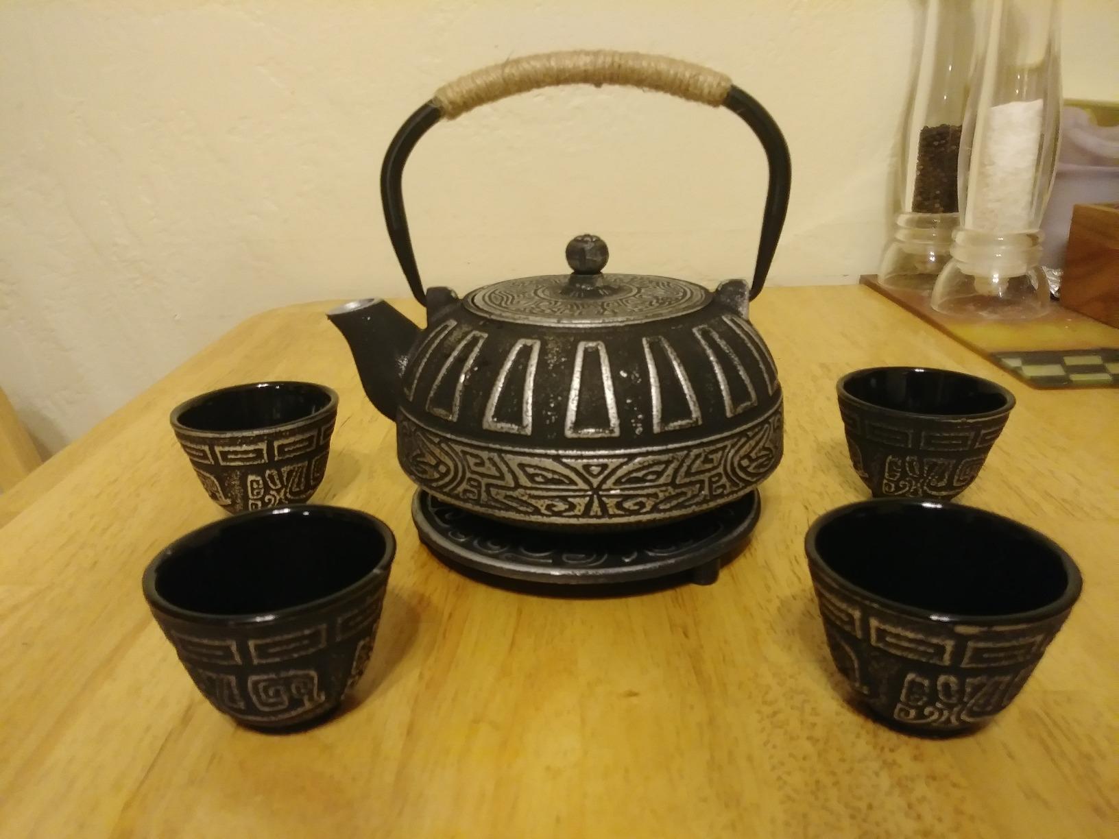 Cast Iron Tetsubin Kettle Teapot Set with Cups Trivet Infuser | Japanese Style Iron Tea Pot Set Gift for Adult Father Mother Family (Black, Magpie on the Plum Design) customer photo 2