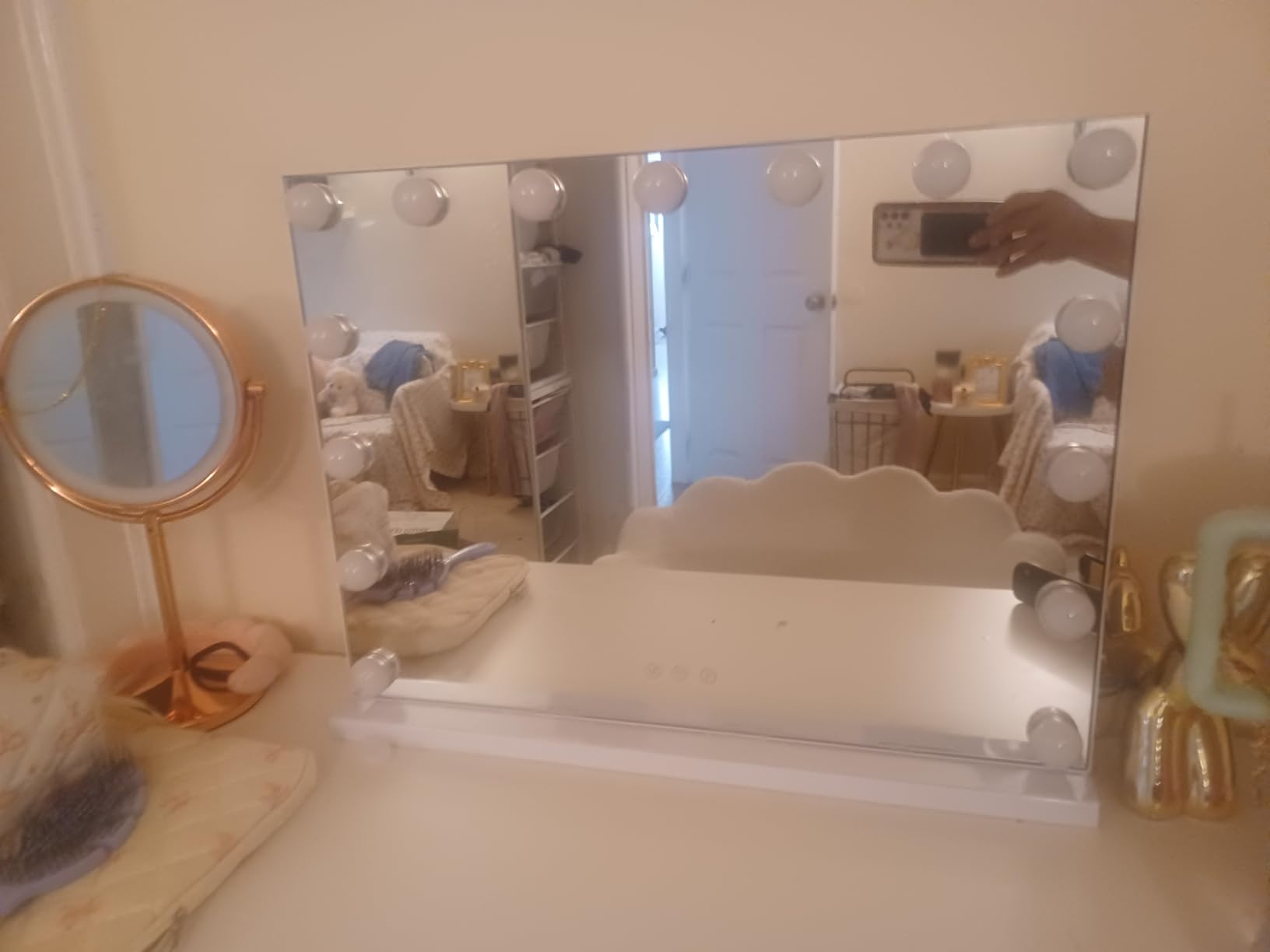 BWLLNI Lighted Makeup Mirror, White Vanity Mirror with Lights, 9 LED Bulbs | Hollywood Mirror Touch Control Design 3 Colors Dimable LED Bulbs, Detachable 10X Magnification, 360° Rotation, 12