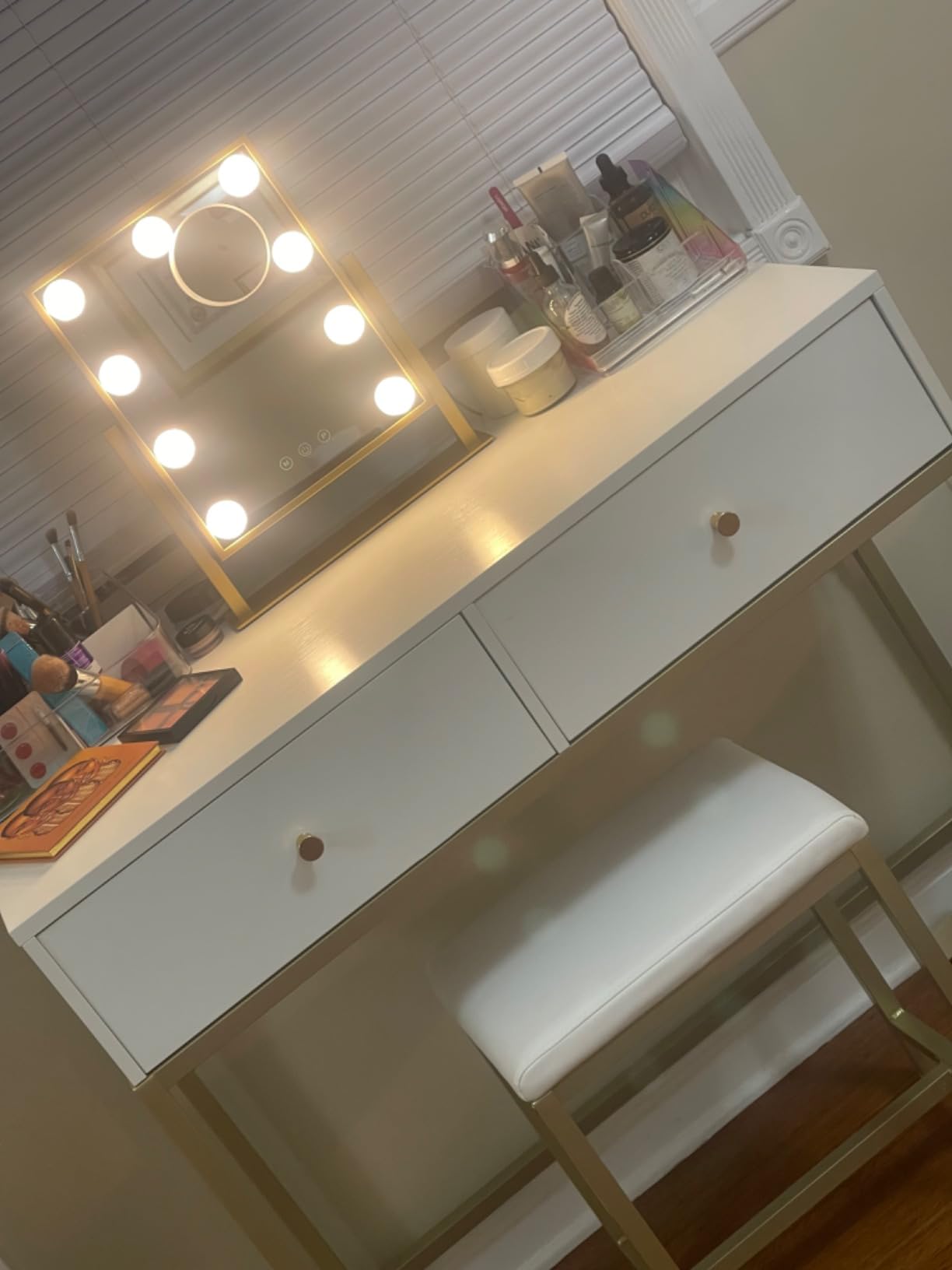 BWLLNI Lighted Makeup Mirror, White Vanity Mirror with Lights, 9 LED Bulbs | Hollywood Mirror Touch Control Design 3 Colors Dimable LED Bulbs, Detachable 10X Magnification, 360° Rotation, 12