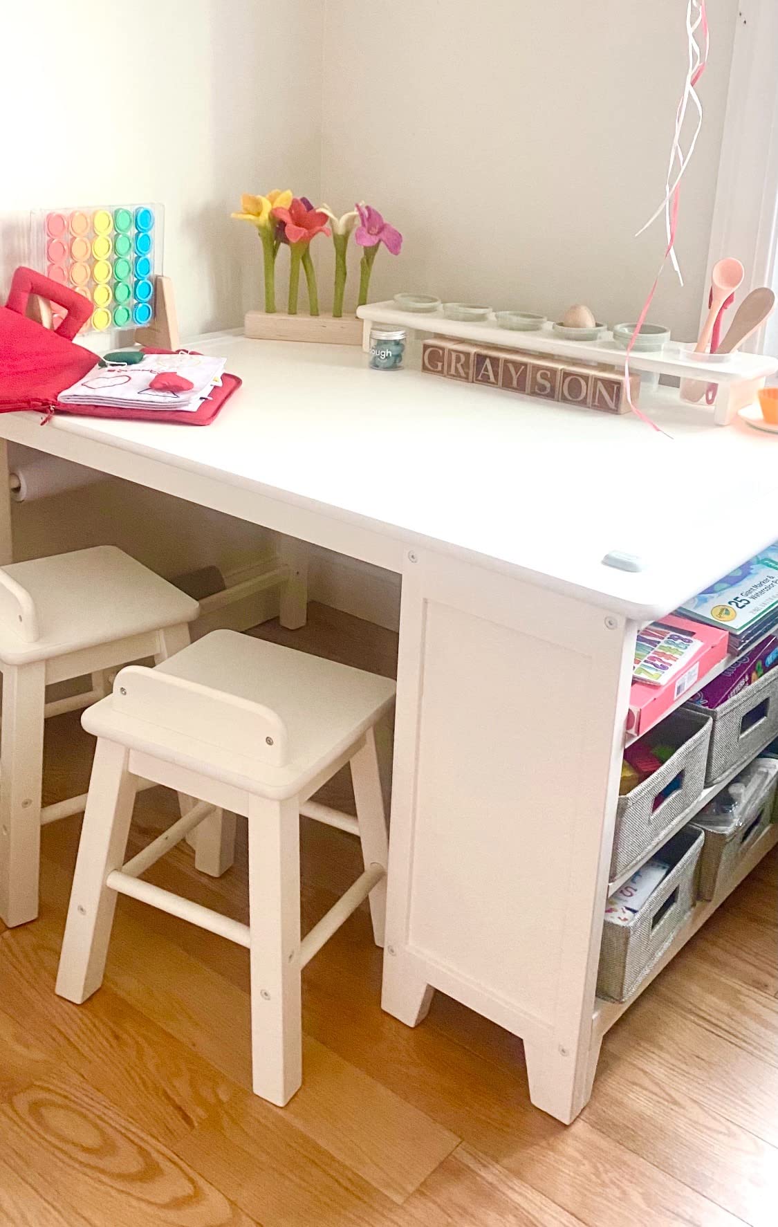 Martha Stewart Kids' Art Table and Chair Set - Linen White: Wooden Kids Play Table for Arts and Crafts | Coloring Desk with Paint Cups, Paper Roll and Craft Supplies Storage Bins customer photo 2