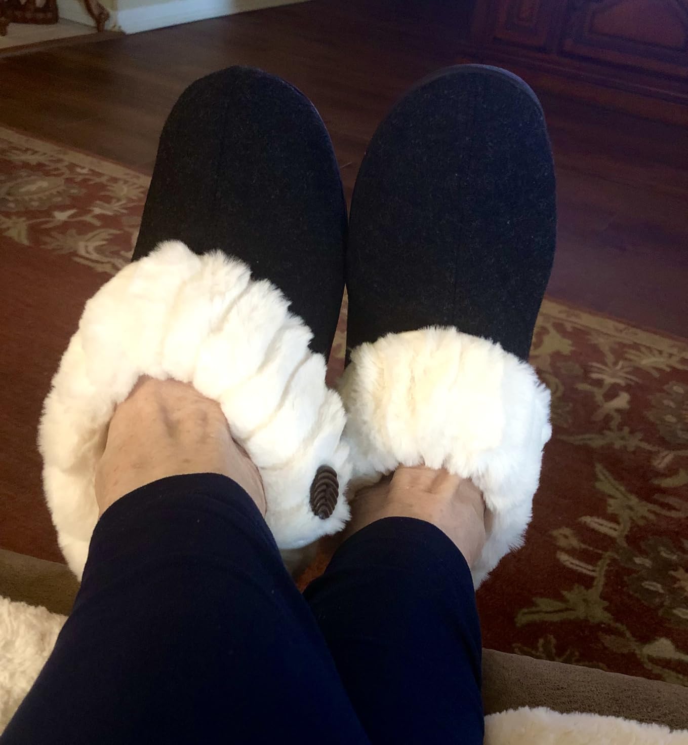 Wishcotton Women's Wool Cozy Slippers with Faux Fur Collar | Cozy House Shoes, Indoor Outdoor, Fuzzy Bootie Slippers customer photo 2
