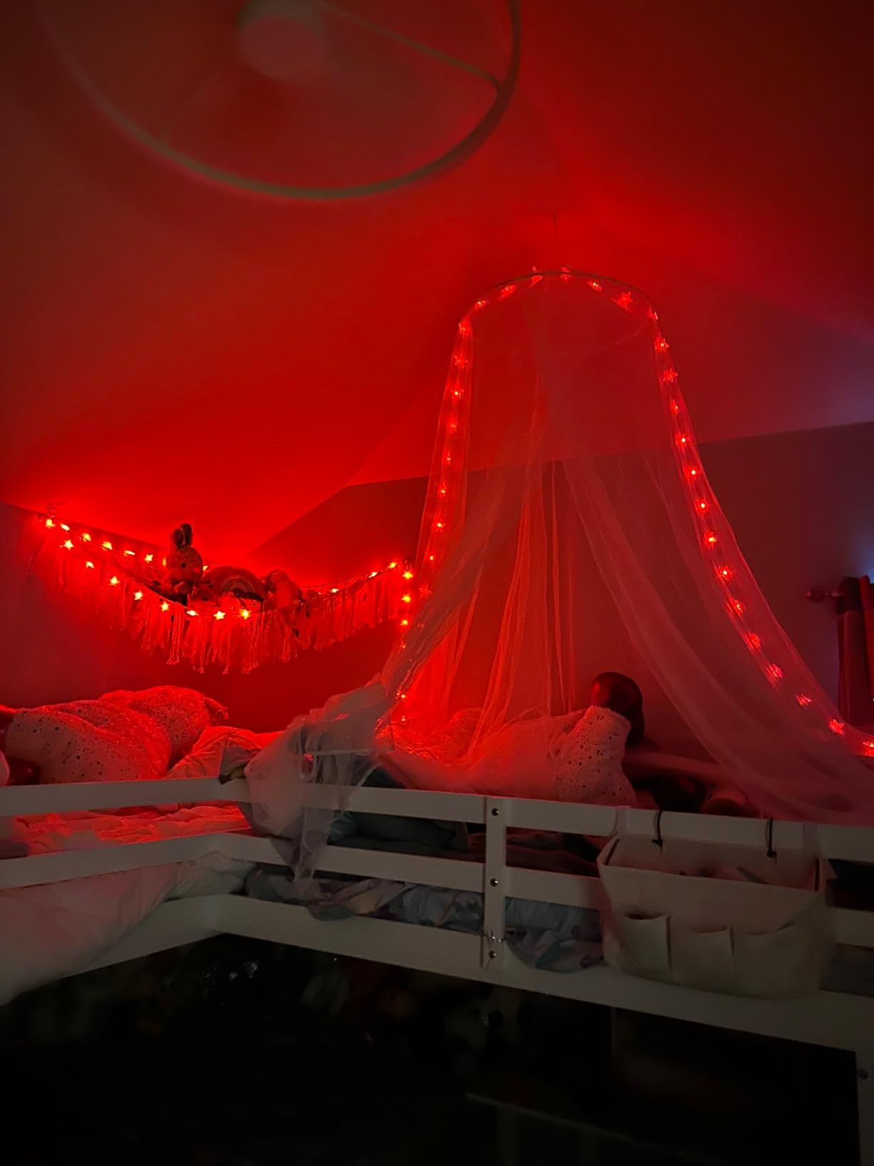 Obrecis Bed Canopy with LED Star Lights, Princess Canopy Bed Curtain, 24 Color Changing String Lights with Remote Timer for Bedroom, Pink Red Blue White Dome Canopy, Fits Twin to King Bed customer photo 1