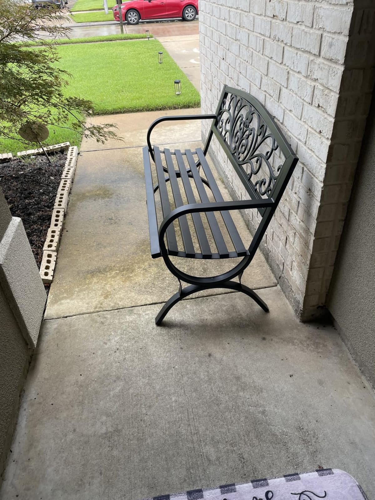 Garden Bench,Outdoor Benches,Iron Steel Frame Patio Bench with Mesh Pattern and Plastic Backrest Armrests for Lawn Yard Porch Work Entryway,Black customer photo 1