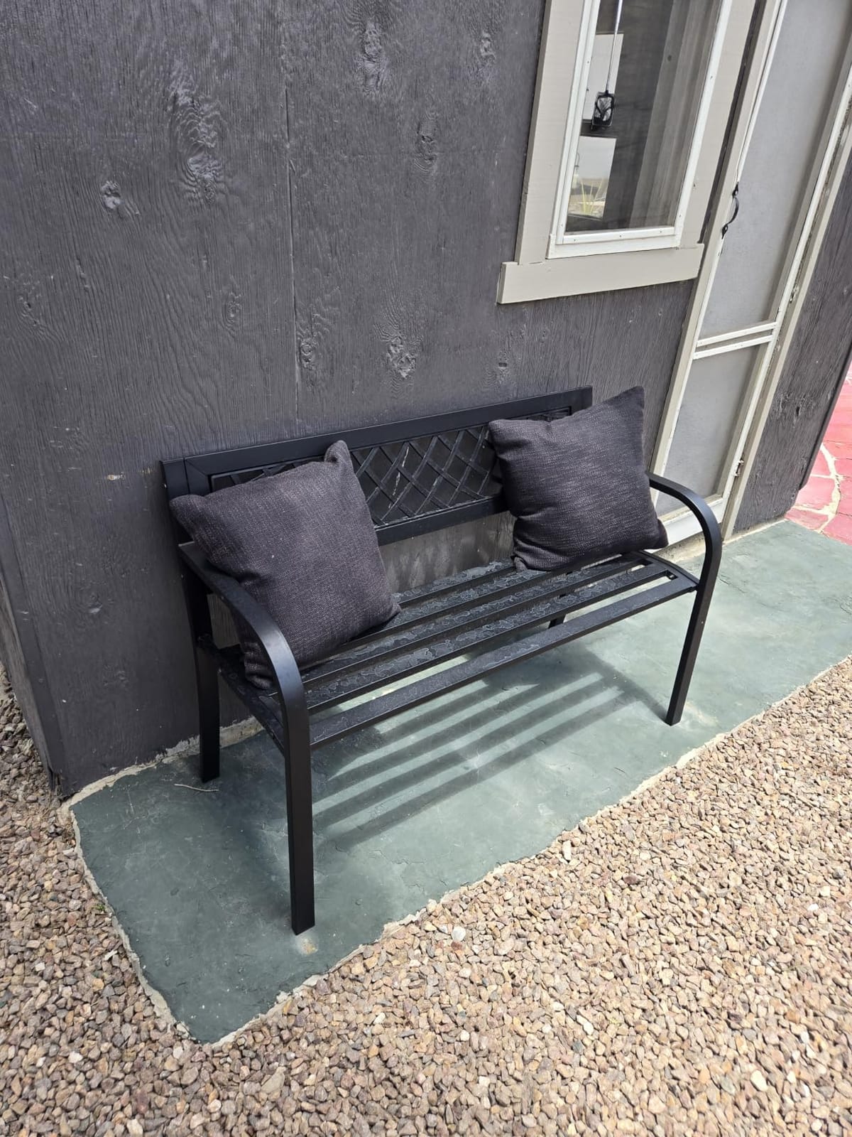 Garden Bench,Outdoor Benches,Iron Steel Frame Patio Bench with Mesh Pattern and Plastic Backrest Armrests for Lawn Yard Porch Work Entryway,Black customer photo 2