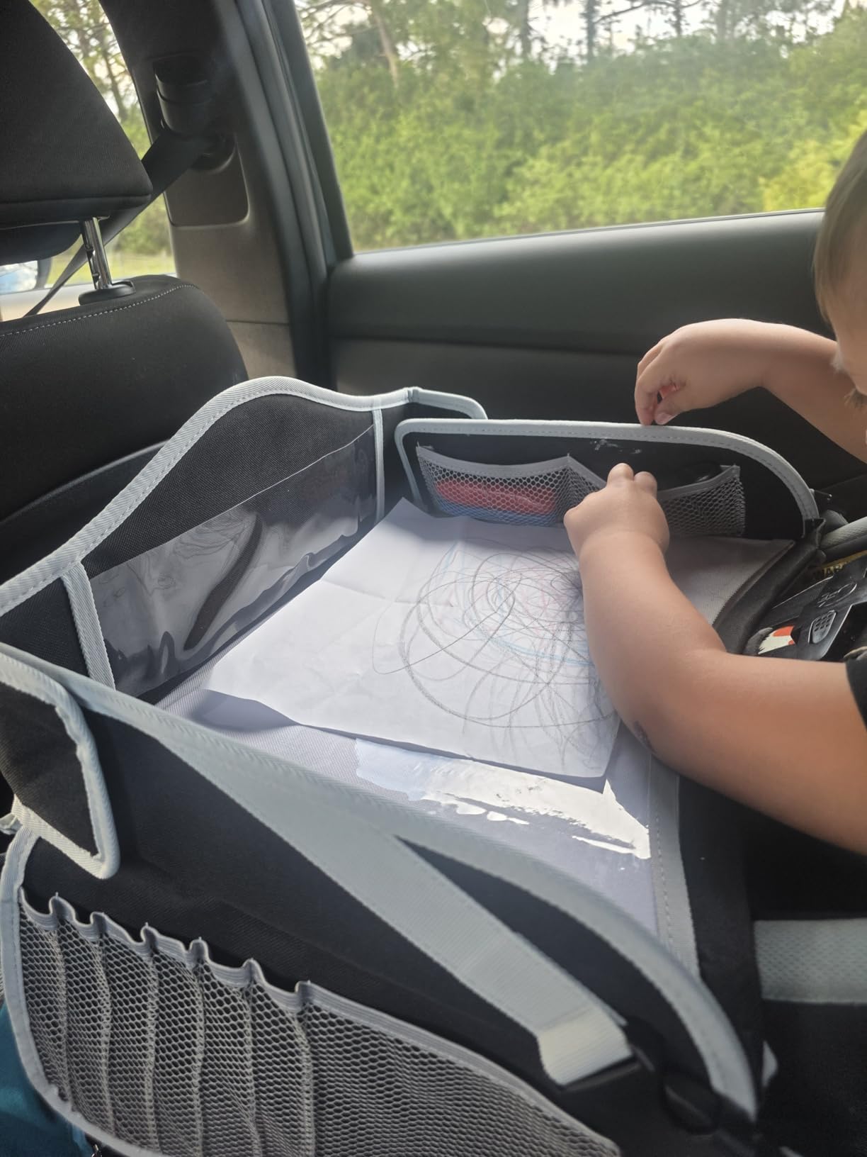 Kids Travel Tray for Car - Car Seat Tray with Activity Sheets & Pens, Road Trip Essentials for Car & Airplane, Must Have Toddler Travel Lap Desk Accessories - Road Trip Activities for Kids customer photo 2