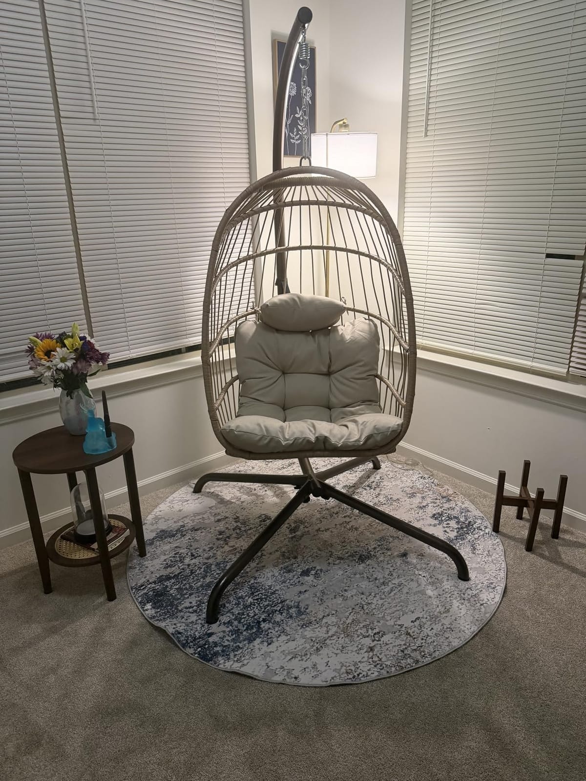Hanging Egg Chair with Stand Indoor Outdoor, Comfy Patio Rattan Swing Hammock Chairs with Cushion, 350lbs Capacity Egg Shaped Chair for Lawn Backyard Balcony Bedroom, Birthday Gift, Beige customer photo 2