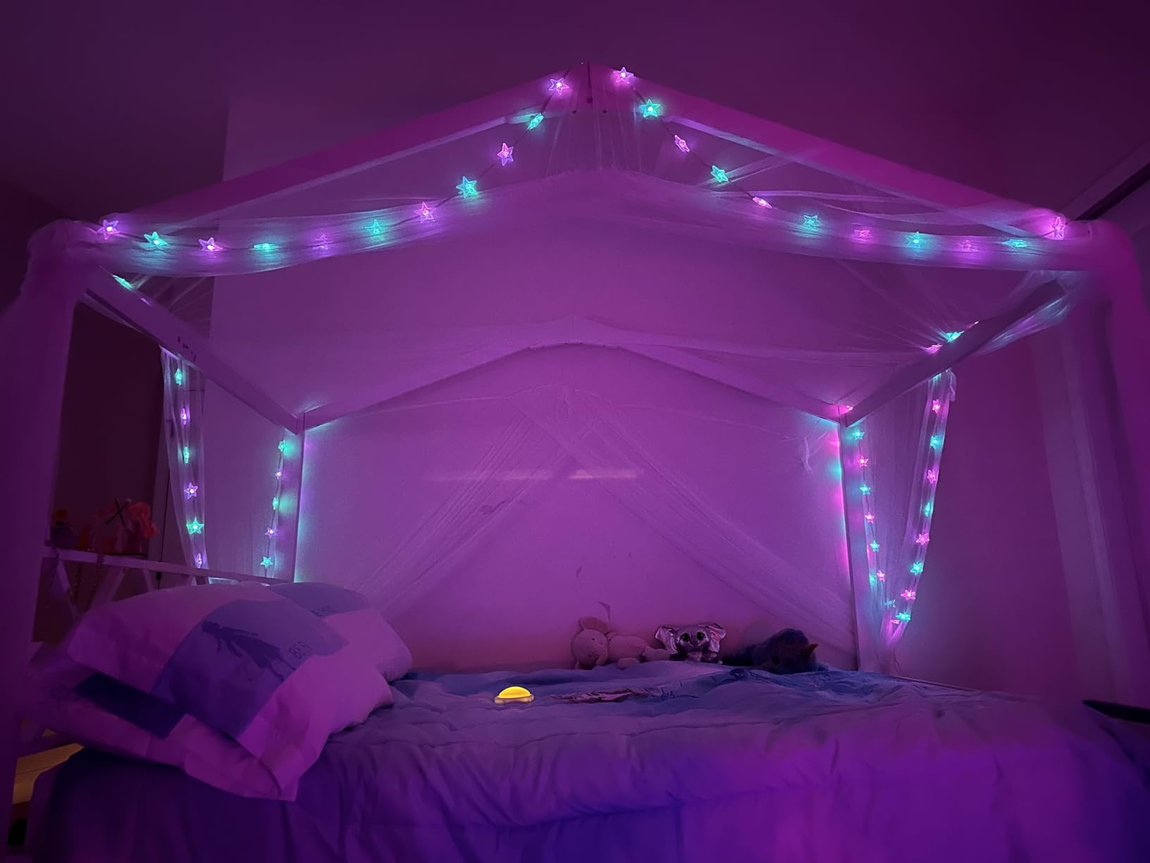 White Bed Canopy with 24 Colors Star Lights for Girls, 8 Corner Princess Canopy Bed Curtains with Color Changing LED String Lights Remote Timer for Adults Women Bedroom, Twin Full Queen King Bed customer photo 1