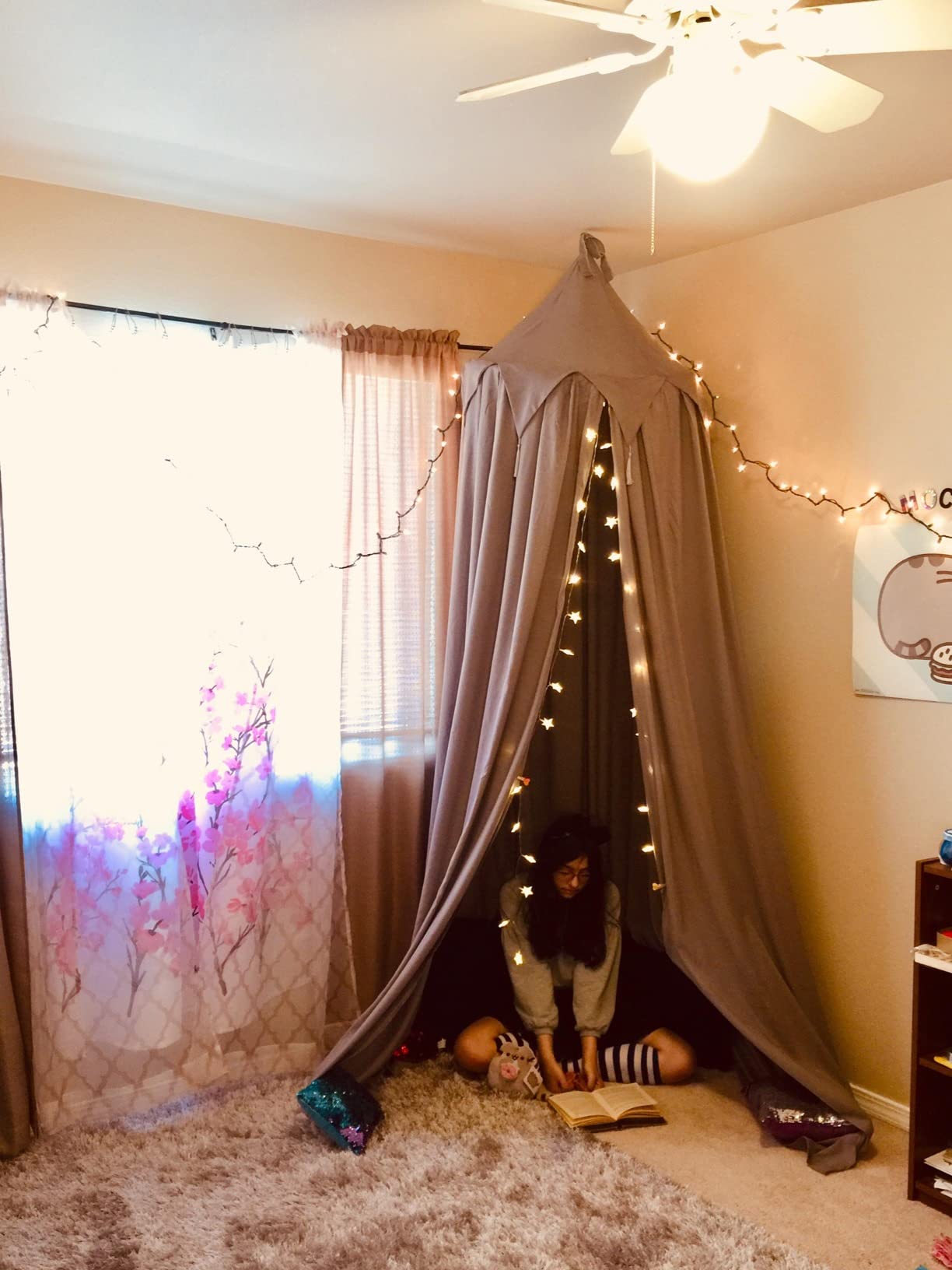 Hommi Lovvi Princess Bed Canopy for Girls, Dreamy Tassels Ceiling Canopy Net Kids Room Decor Soft Nursery Crib Canopy Reading Nook, Large Children Canopies Full Queen Size with Lights - Light Pink customer photo 1