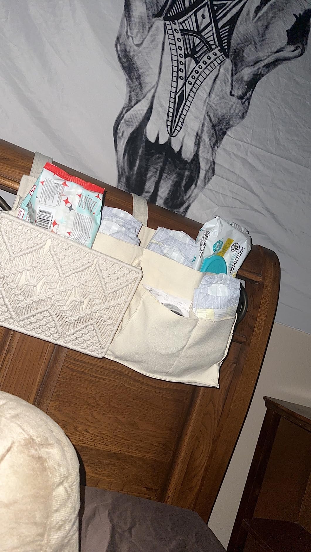 Mkono Bedside Caddy, Macrame Bunk Bed Hanging Organizer, 7 Pockets Ivory | Dorm Room Essentials, Boho Storage Bag, Remote Books Magazines Phone Snacks Drinks Holder, Bedroom Nursery Loft Baby Bed Rail customer photo 1