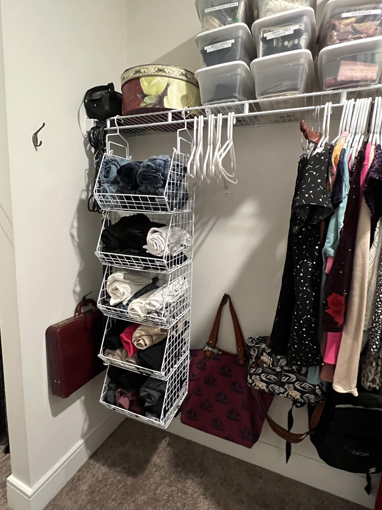 X-cosrack 5 Tier Closet Hanging Organizer, Clothes Hanging Shelves with 4 Hanging Hooks 5 S Hooks, Wire Storage Basket Bins customer photo 1