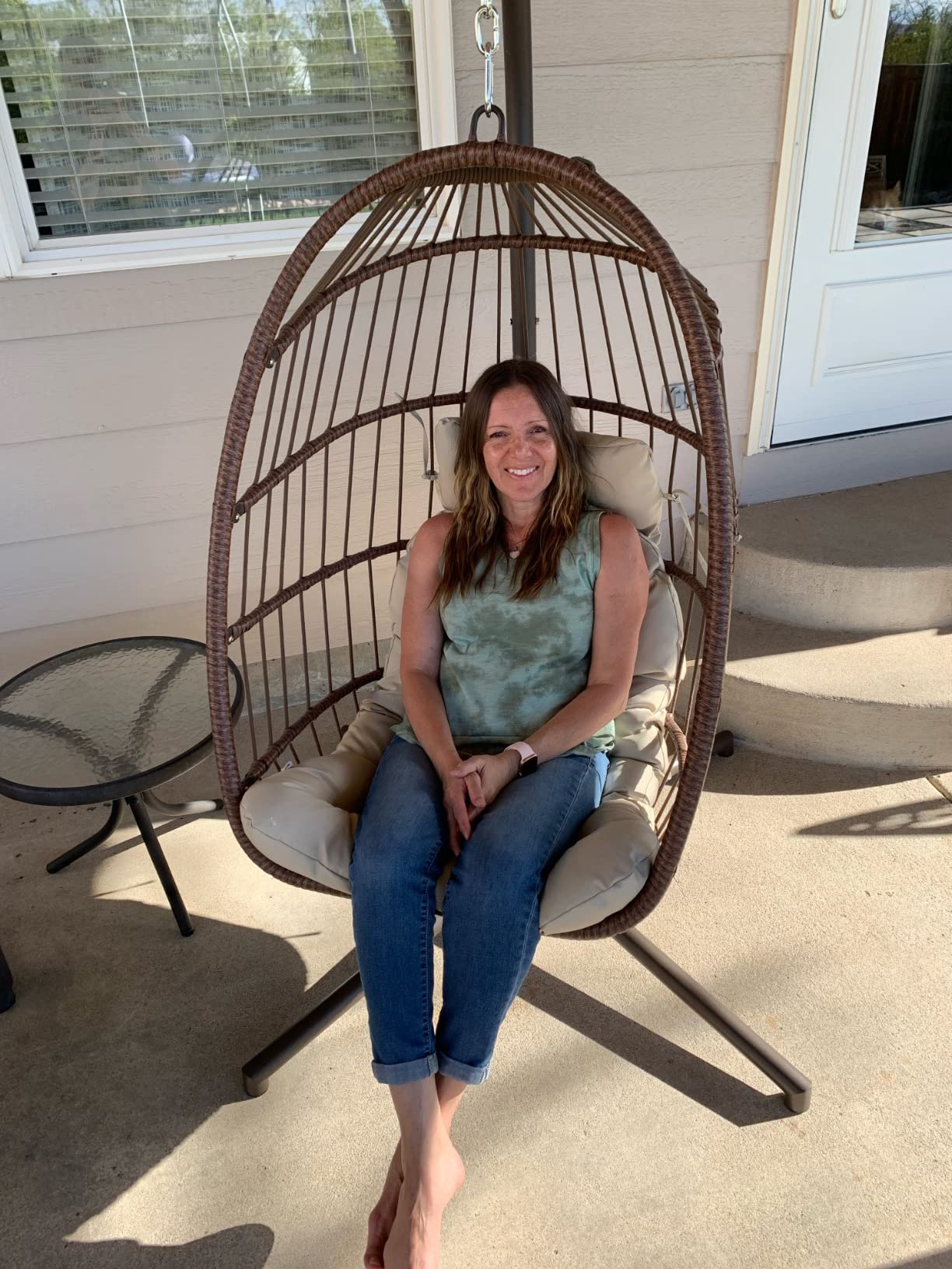 RADIATA Egg Chair Outdoor with Stand, PE Wicker Hanging Swing Egg Chair | 350 lbs Heavy Duty, Beige, Foldable, PE Rattan Swing Hammock Chair, Hanging Egg Chair with Thick Cushion for Patio Garden customer photo 1