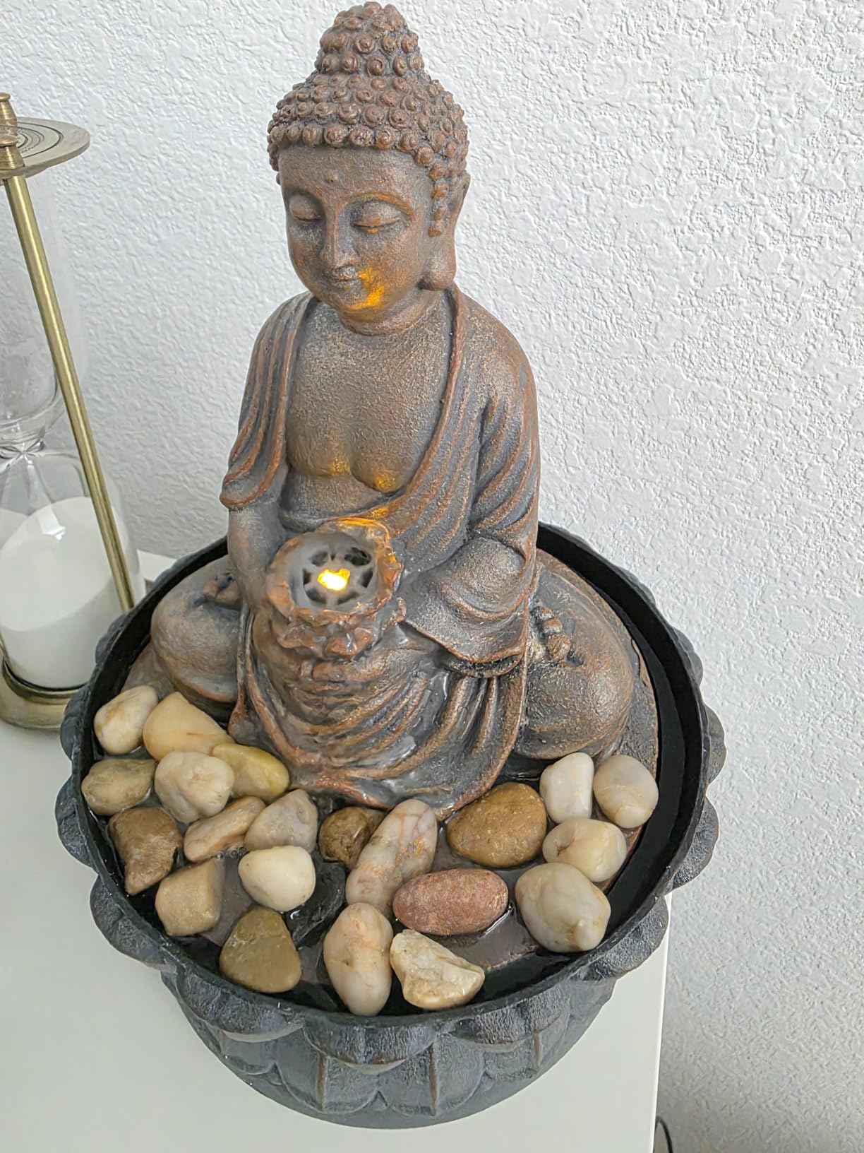 Kalona Home Décor 9.6 Tabletop Fountain Exquisite Smile Sitting Buddha Fountains Desk Water Fountain Decorative Zen Fountain w/Reflective Lighting/Cobblestone Office and Home Decor customer photo 1
