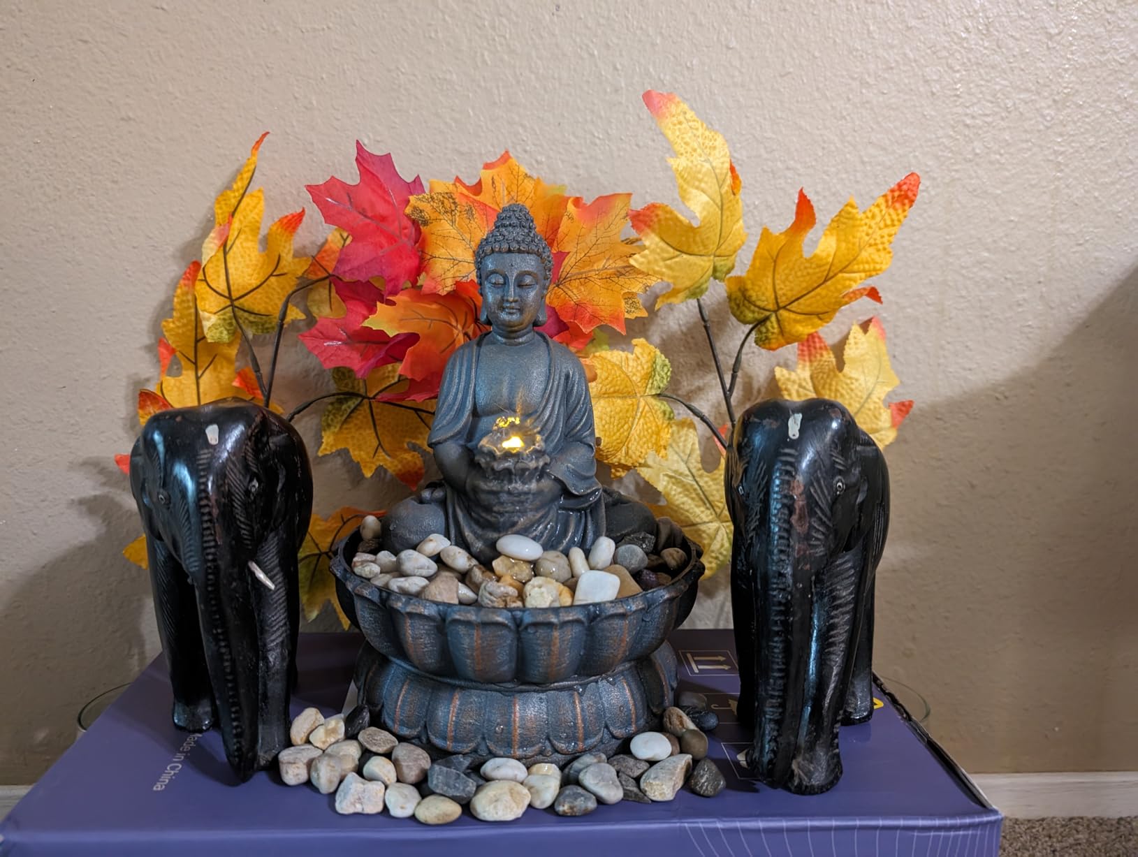 Kalona Home Décor 9.6 Tabletop Fountain Exquisite Smile Sitting Buddha Fountains Desk Water Fountain Decorative Zen Fountain w/Reflective Lighting/Cobblestone Office and Home Decor customer photo 2
